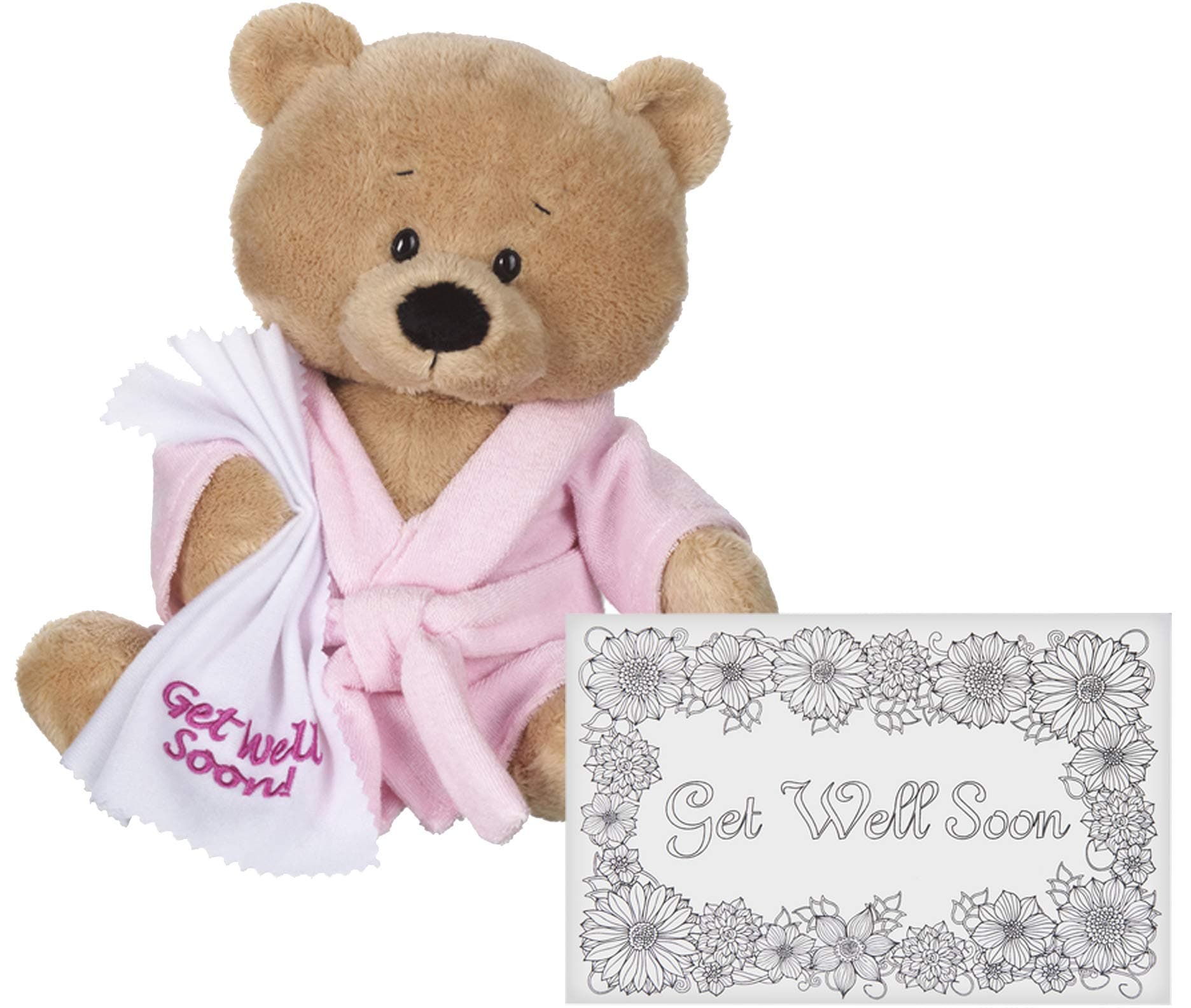 Ganz U.S.A., LLC Get Well Cuddle Bear Wearing a Pink Robe Holding a Get Well Soon Embroidered Blanket with Card