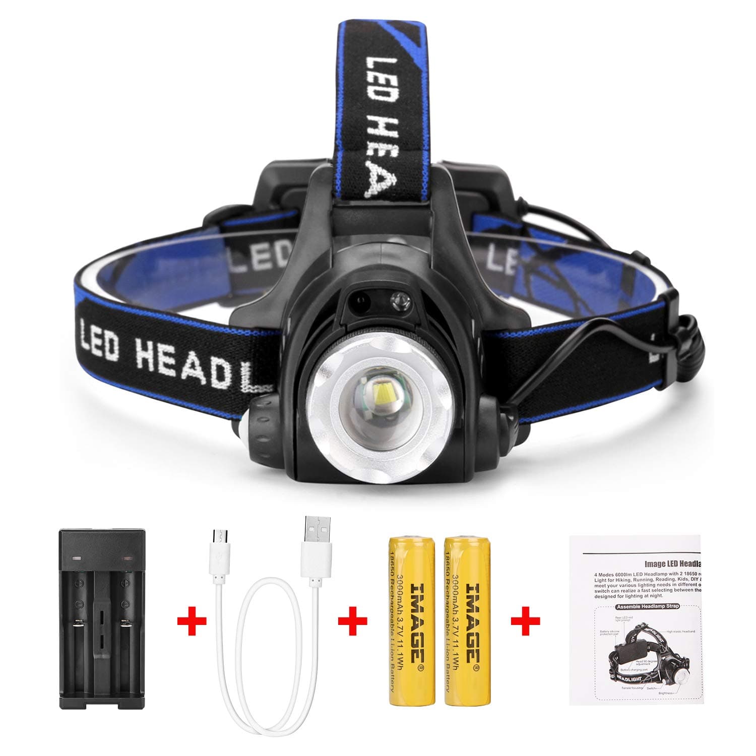 IMAGEHead Torch LED Headlamp USB Rechargeable Headtorches 1800LM Super Bright Headlight 90° Rotating Zoomable with 2 Charging Ways IPX4 Waterproof for Running Camping Fishing Hiking
