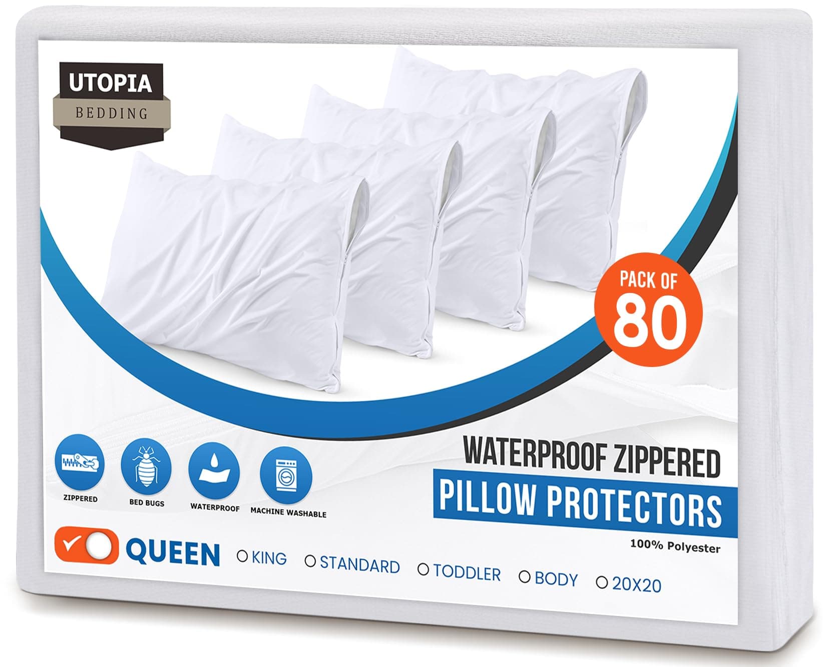 Utopia Bedding 80 Pack Waterproof Pillow Protectors with Zipper Queen Size (White), Bed Bug and Dust Mite Proof Pillow case Covers, Moisture Wicking Pillow Encasements 20 x 28 Inches