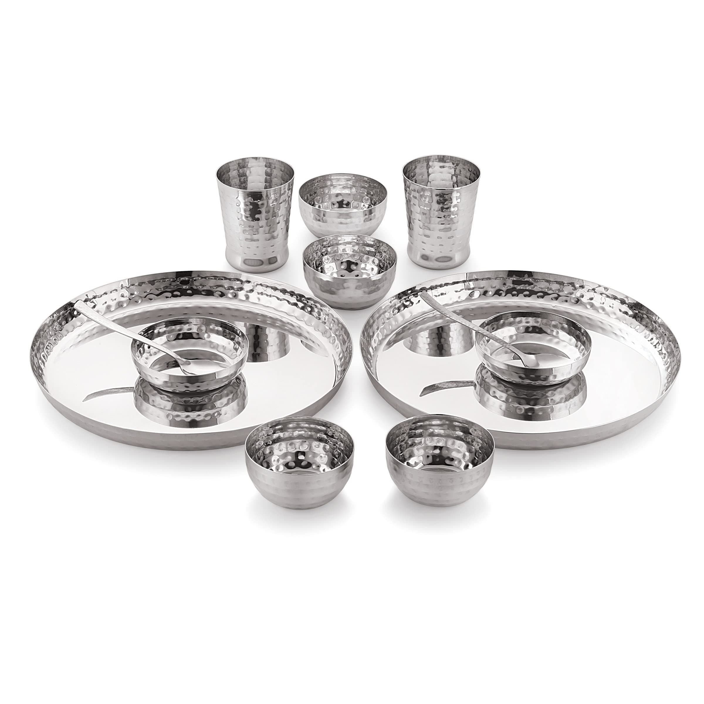 Attro Stainless Steel Solid Hammered Finish Dinner Set of 2 Thali, 2 Plate, 4 Bowl, 2 Glass, 2 Spoon (Thali Diameter 12 Inch) - Set of 12, Silver, Standard