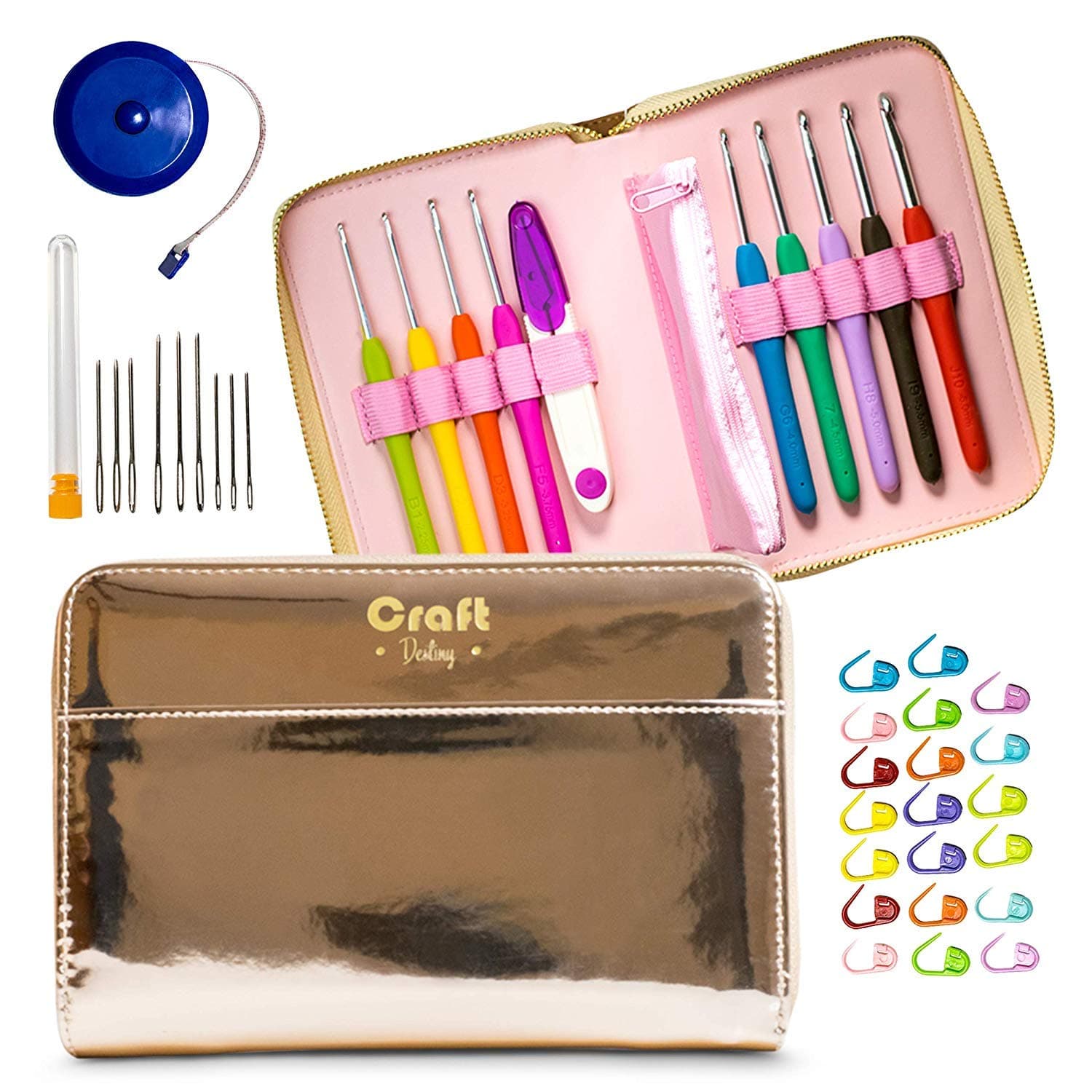 Crochet Hooks Set by Craft Destiny - 9 Ergonomic and Comfortable Hooks with Extra Long Handles - Everything You Need in Exclusive Crochet Hook Case - 31 pcs Crochet Accessories Kit - Rose Gold Style
