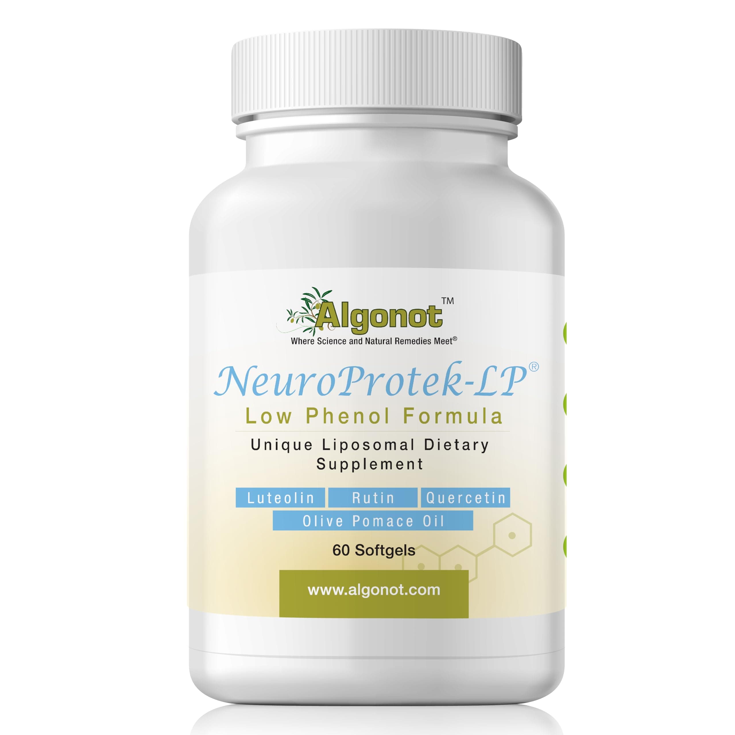 Algonot NeuroProtek Low Phenol - 60 Soft Gels Exclusive patented combination of Luteolin and other Flavinoids in Olive Pomace Oil with EVOO