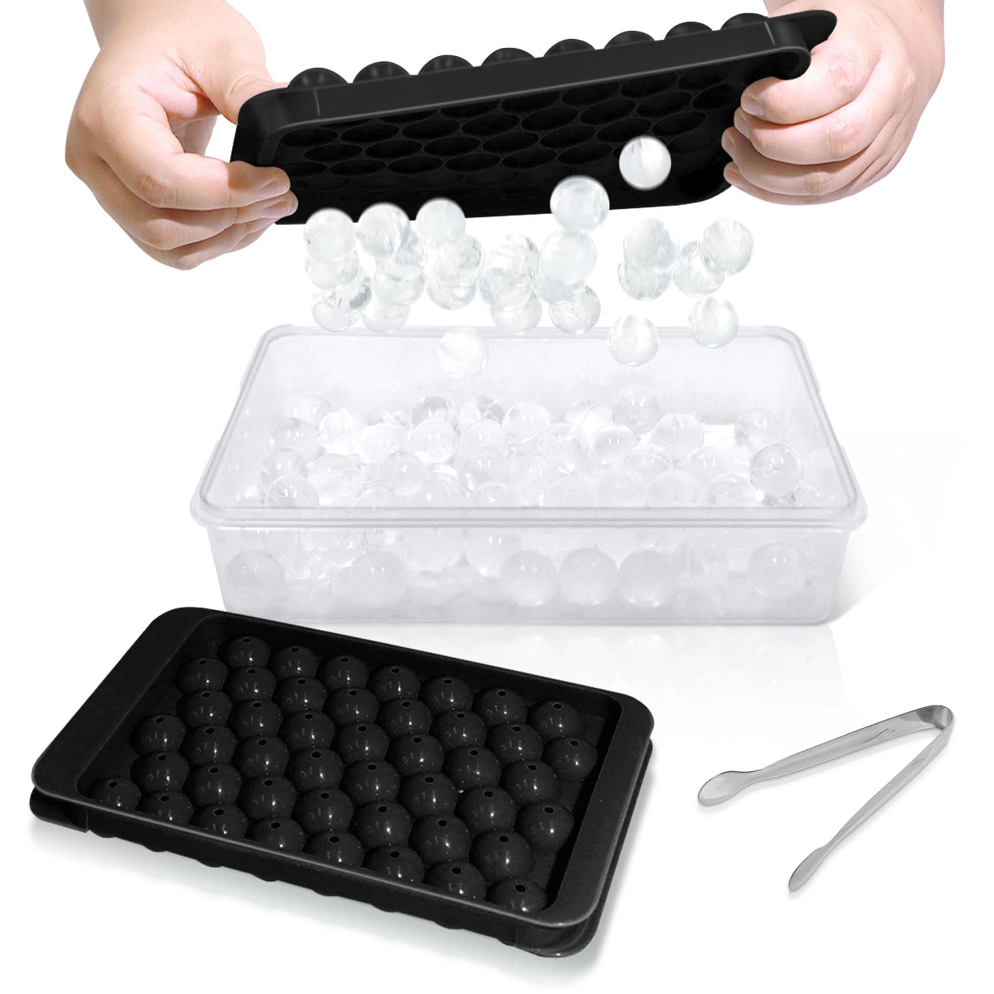 WIBIMEN Ice Cube Tray with Lid and Bin - Round Ice Trays for Freezer with Lid - Ice Cube Trays for Freezer with Ice Container (0.8"-2PACK Black)