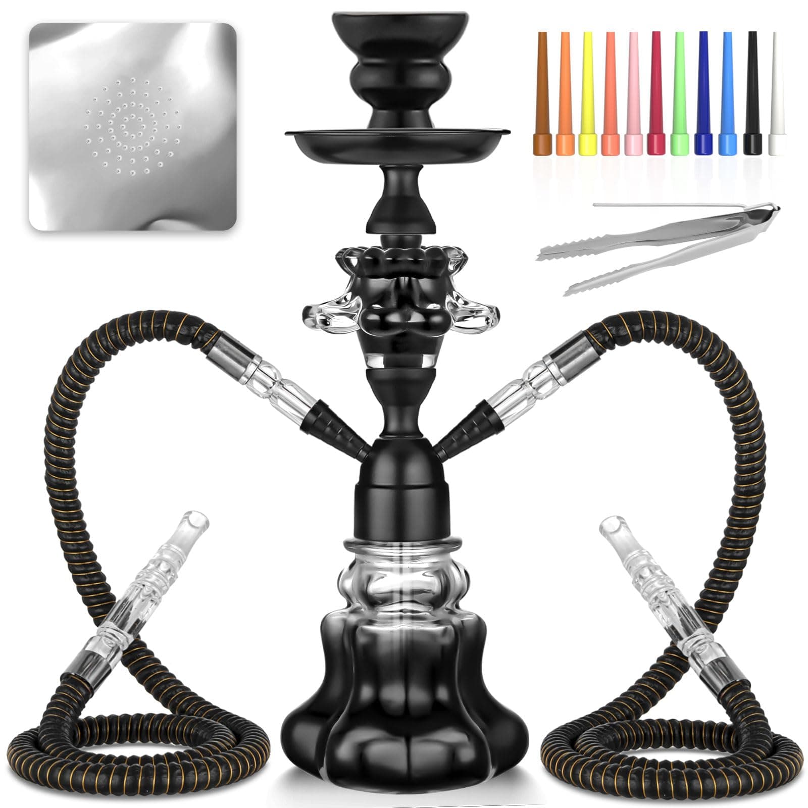 Hookah Set With Everything 14'' Shisha Hookah Complete Set - Glass Flower Vase, Ledther Hose, Foils, HookahTips, Ceramic Bowl, Coal Tong (Black)