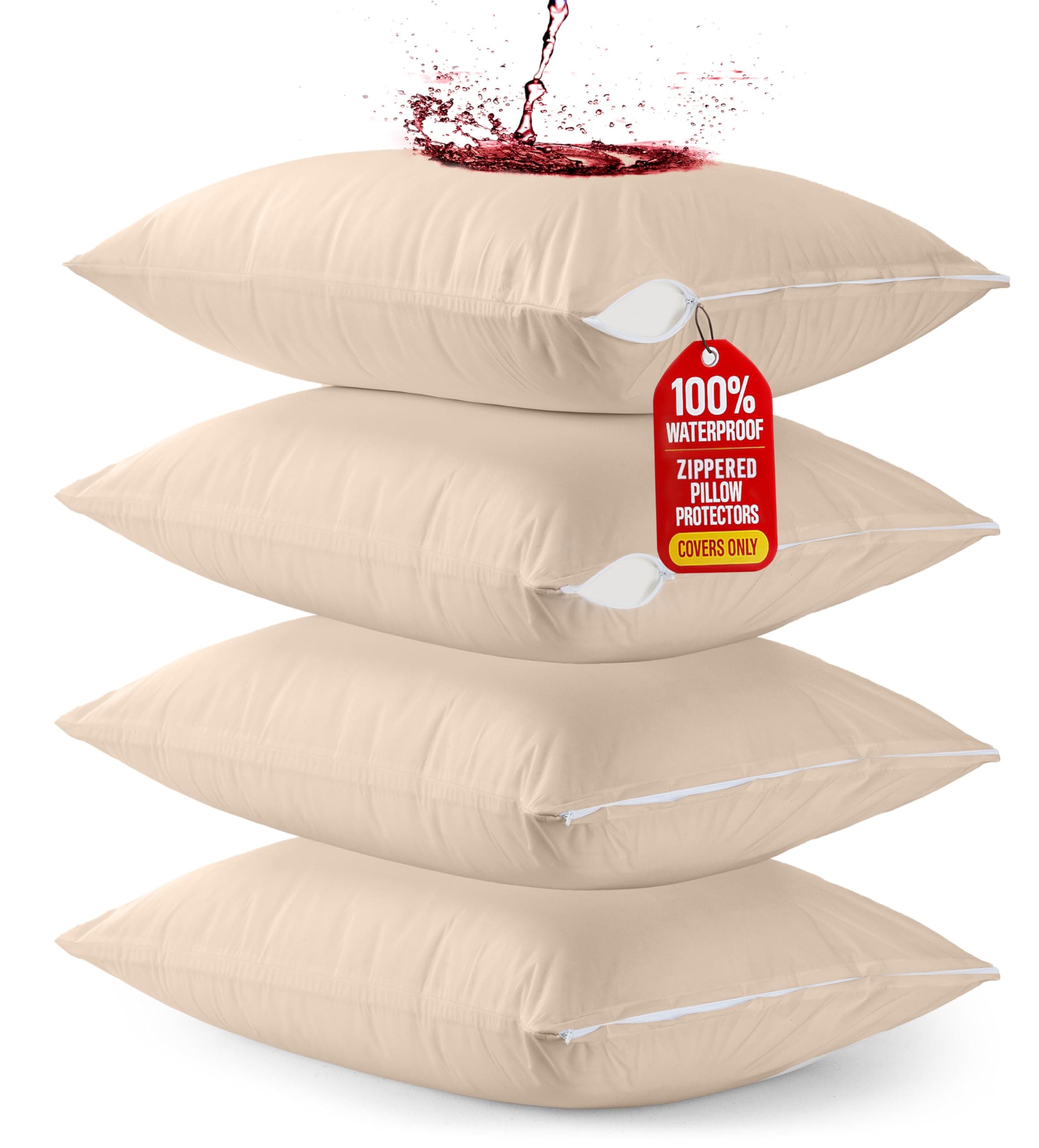 Utopia Bedding 4 Pack Waterproof Pillow Protectors with Zipper Queen Size (Beige), Bed Bug and Dust Mite Proof Pillow case Covers, Moisture Wicking Pillow Encasements 20 x 28 Inches