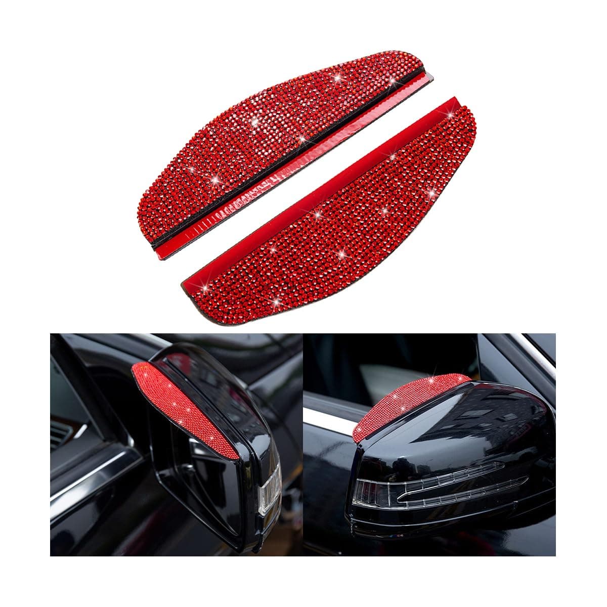 2PCS Car Rearview Mirror Rain Eyebrows, Bling Crystal Rain Visor Guard, PVC Waterproof Auto Mirror Visor Smoke Shade Cover, Automotive Exterior Accessories Decor (Red)