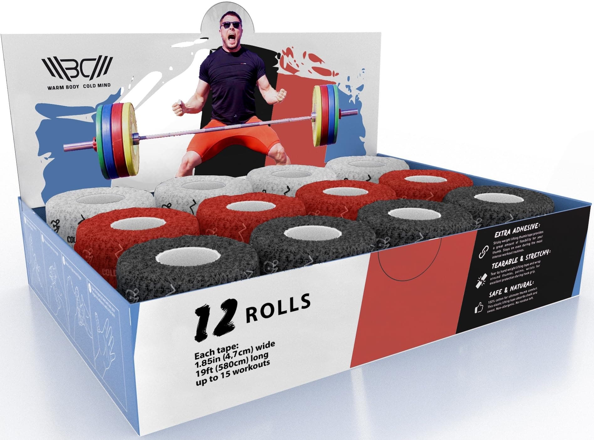 WARM BODY COLD MIND Weight Lifting Thumb Tape - Hook Grip Tape for Crossfit, Weightlifting Powerlifting Deadlift, Sticky & Stretchy Athletic Grip Tape