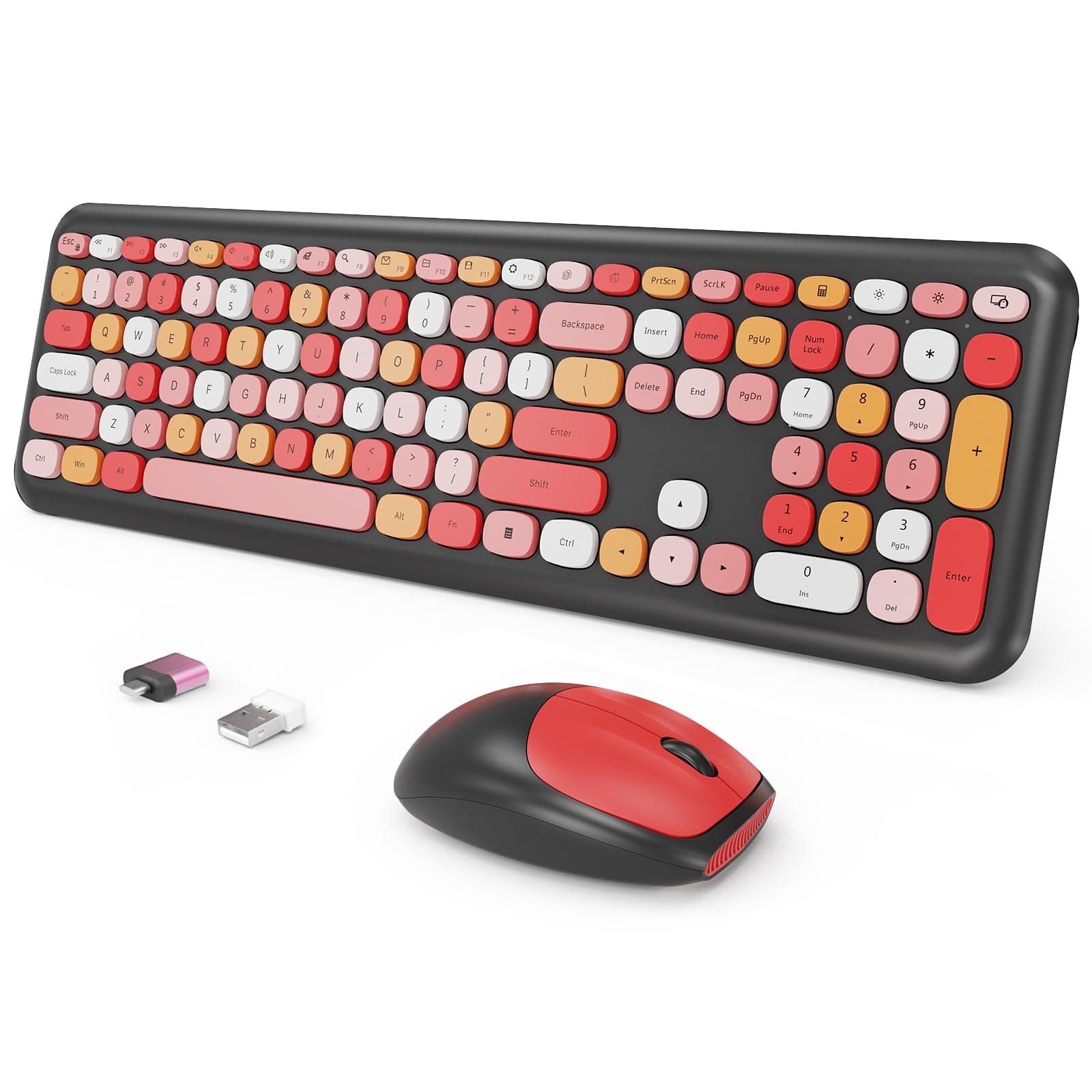 Wireless Keyboard and Mouse Combo, Colorful Ergonomic Full Size Retro Low-Noise Keyboard with Cute keycaps, Compatible with Windows, PC, Perfer for Home and Office Keyboards (Black)