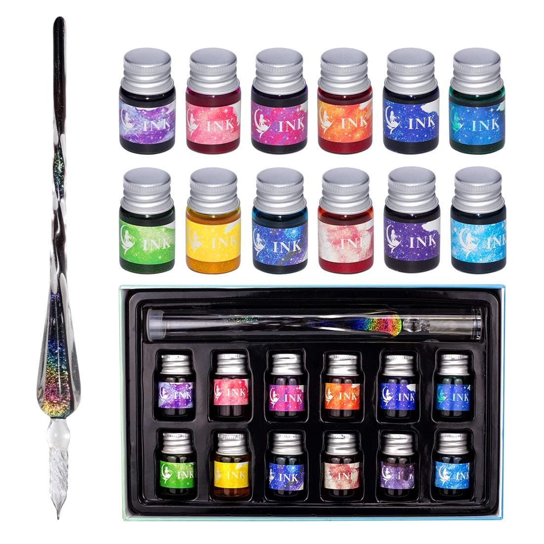 CODACE Glass Dip Pen Ink Set, Calligraphy Dip Pens, Rainbow Crystal Calligraphy Pen and Ink Set with 12 Colorful Inks, Caligraphy Kits for Art, Writing, Signatures, Decoration, Gift