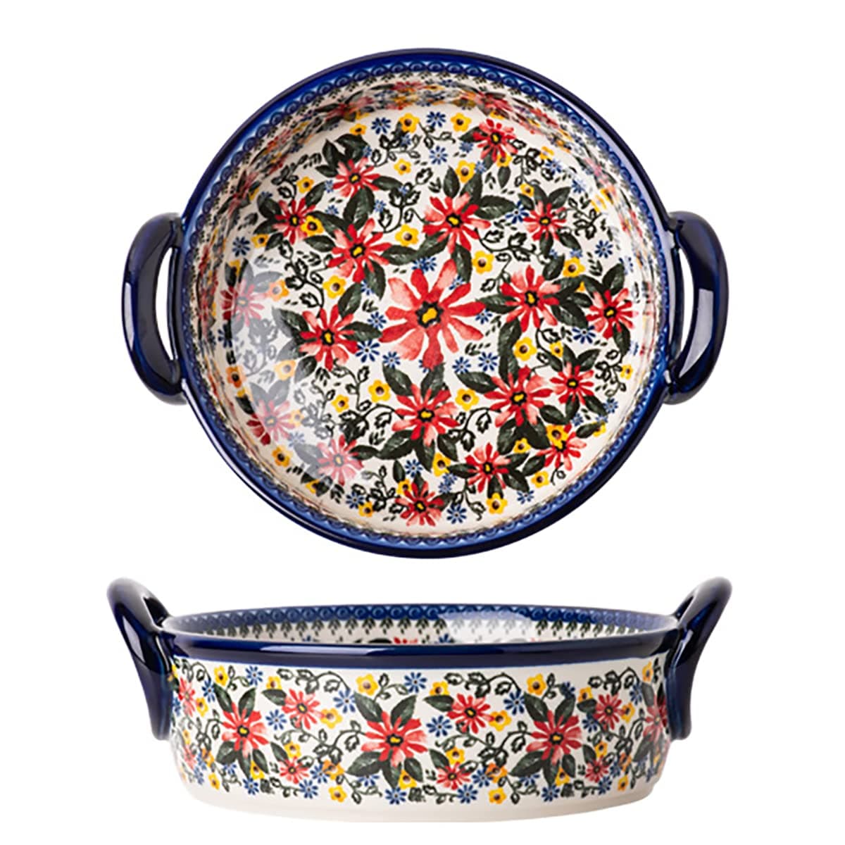 Red Daisy Flower Vintage Style Ceramic Bakeware Casserole Dish Baking Pan Lasagna Pans Baking Dish with Handles for Oven/Cooking/Kitchen-1 PCS, 32 OZ