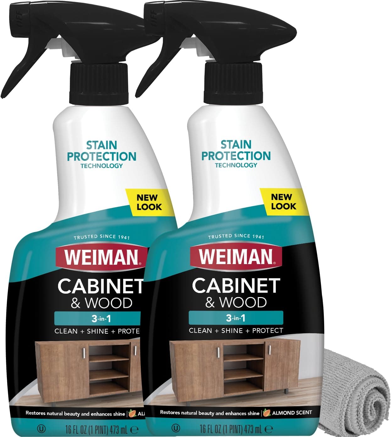 Weiman Cabinet and Wood Cleaner, Shine, Clean and Protect Spray - For Wood Cabinets, Furniture, Tables, Baseboards, Trim and more, 16 oz, 2 PACK with MicroFiber Towel