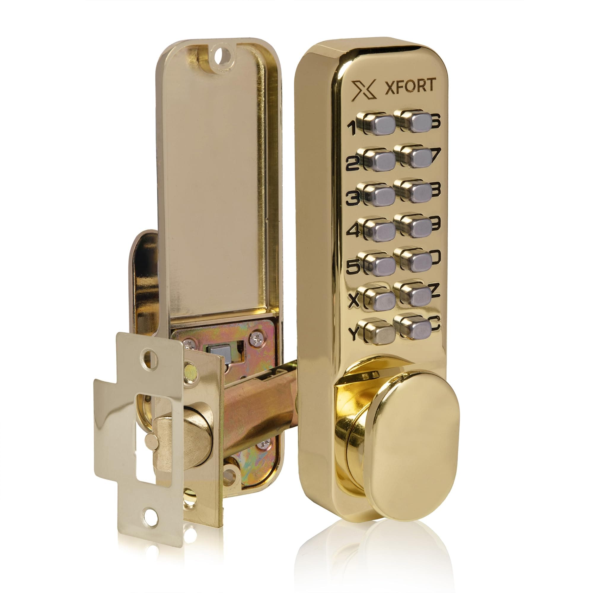 XFORT Digital Door Polished Brass, Keypad Combination Lock, Code Door Lock for Access Restriction, Combination Door Lock with Optional Hold Back Function.