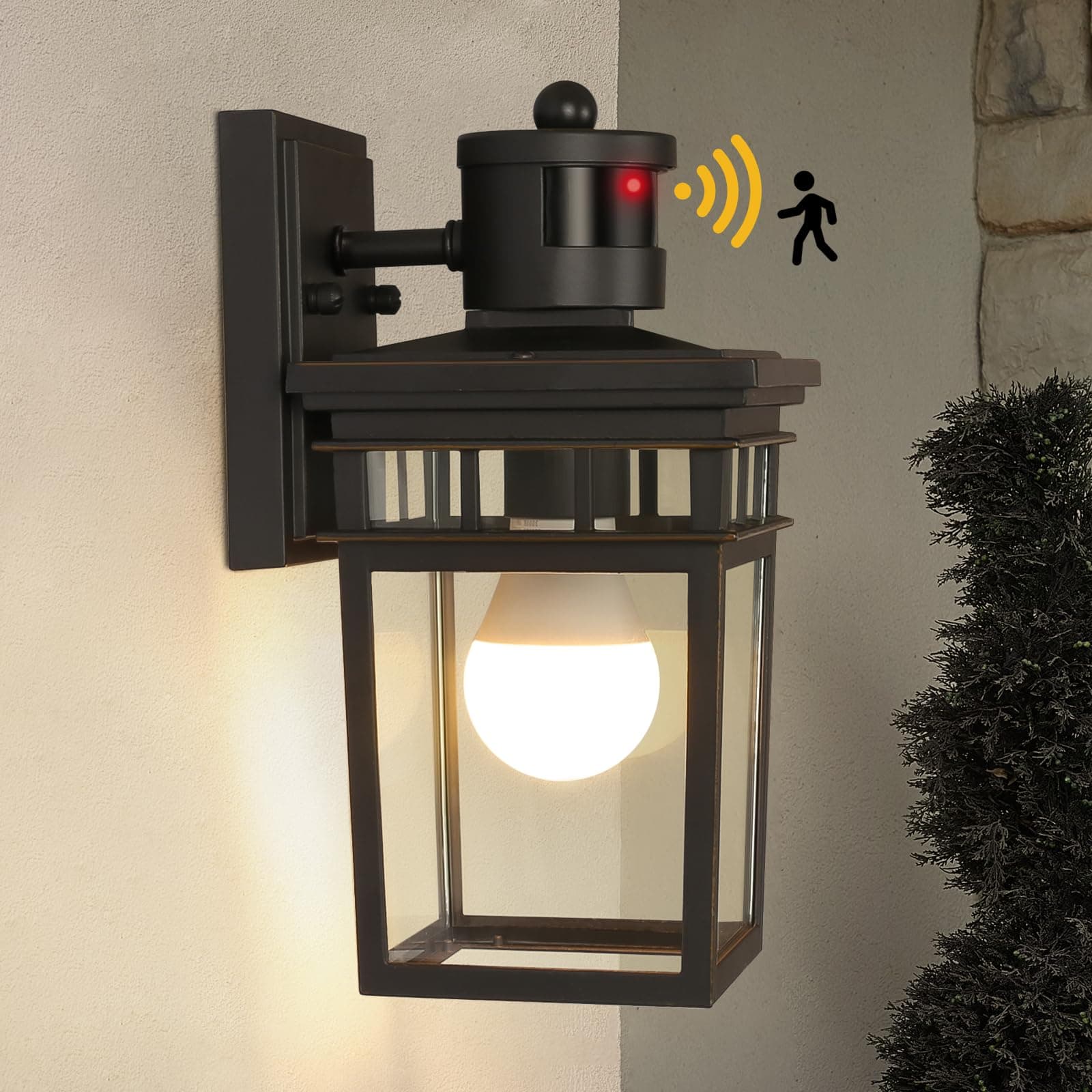 Motion Sensor Outdoor Wall Lantern with 4 Modes, Dusk to Dawn Sensor Exterior Wall Light Outdoor Wall Sconce with Glass Shade, Motion Activated Porch Light for Doorway, Garage, LED Bulb Included