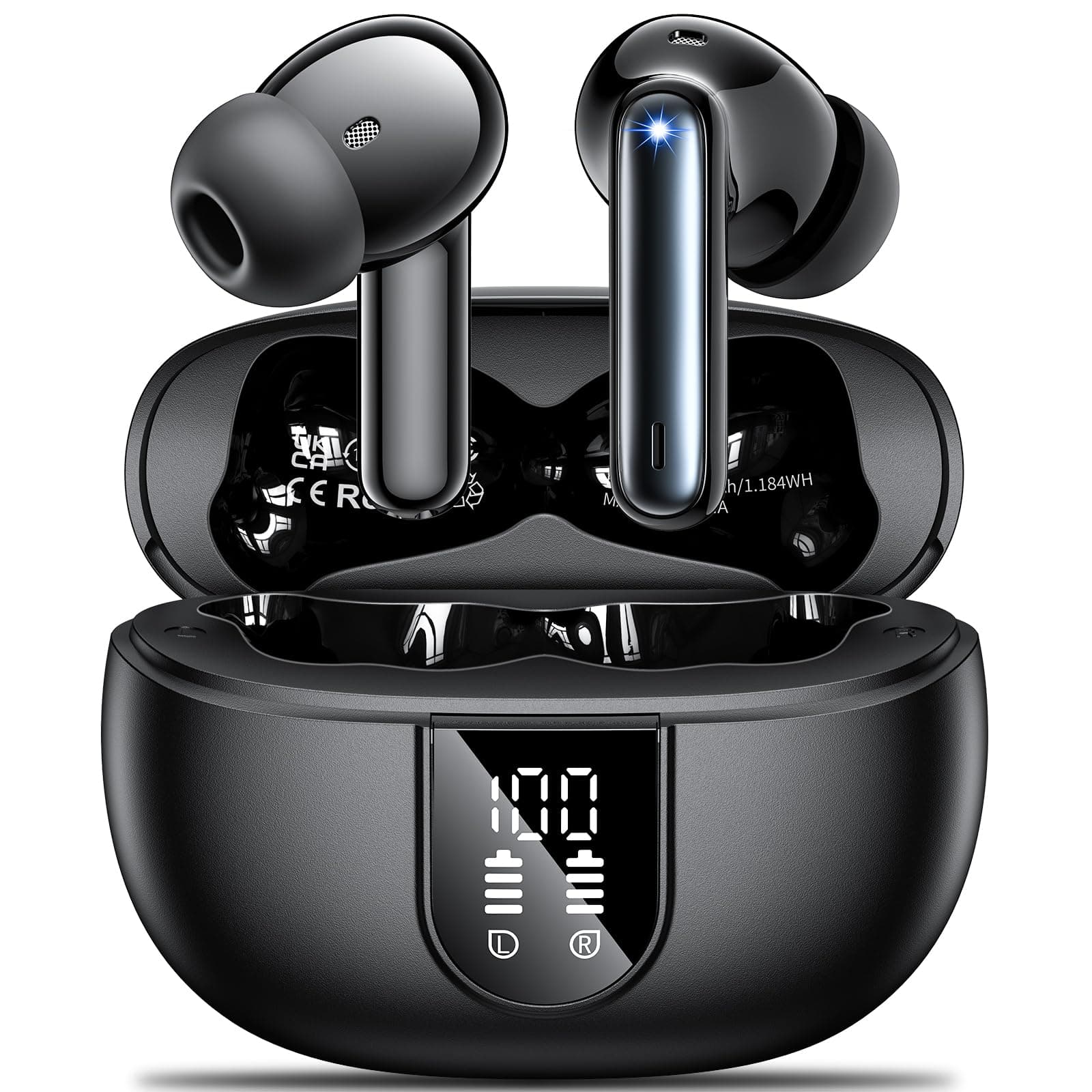– Wireless Earbuds,Wireless Earphones Bluetooth 5.3 in Ear with 4 Mic ENC Calls Noise Cancelling Wireless Headphones Mini LED Display HiFi Stereo 42H Playtime Bluetooth Earbuds Touch Control/IP6/Black