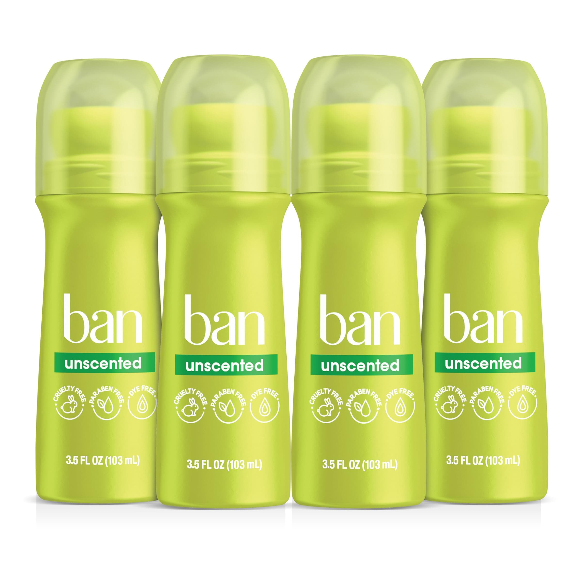 Ban Original Unscented 24-hour Invisible Antiperspirant, 3.5oz Roll-on Deodorant, 4-pack, Underarm Wetness Protection, with Odor-fighting Ingredients