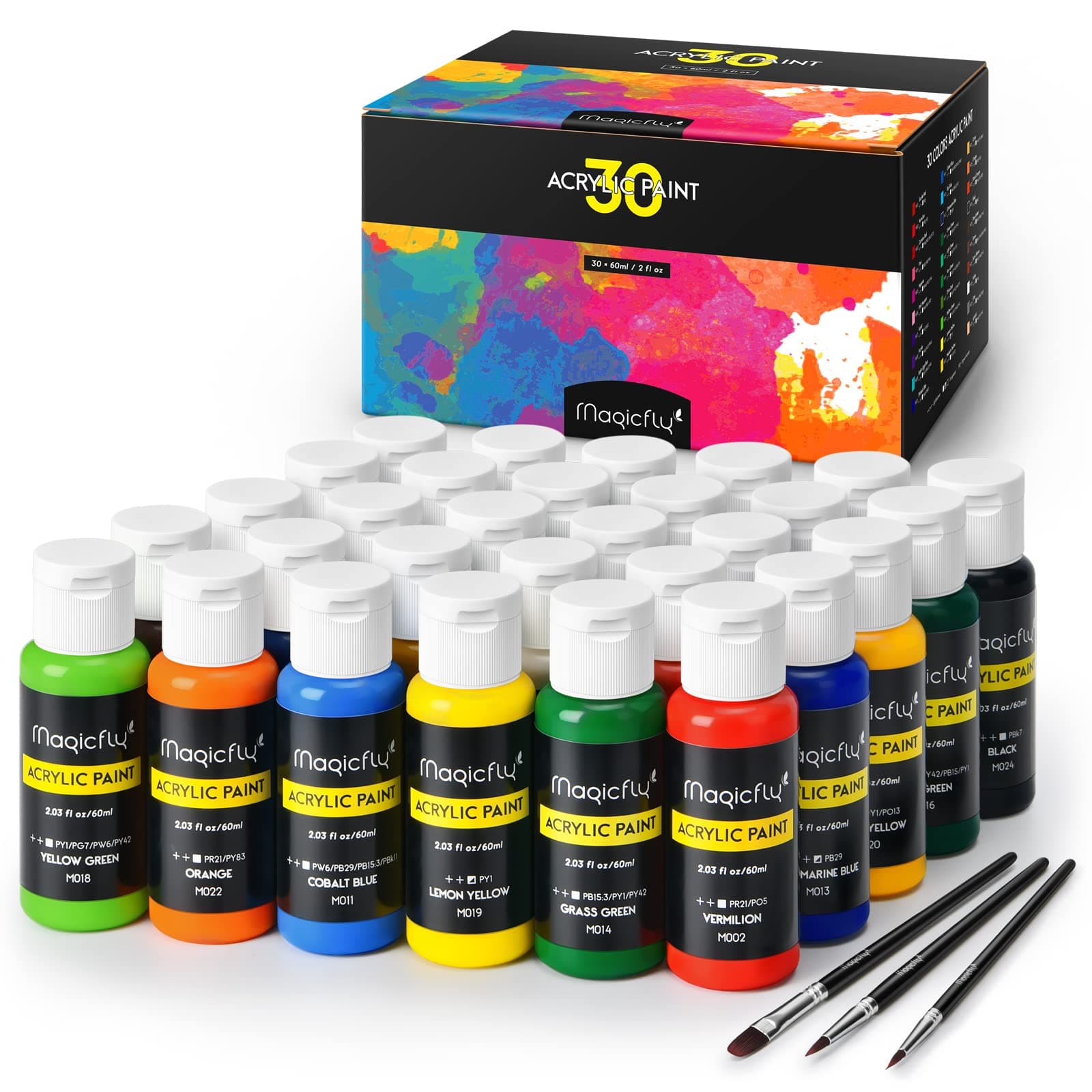 Magicfly 30 Colors Acrylic Paint Set (2fl oz/60ml Each), Non-Toxic Craft Paints with 3 Brushes, for Multi-Surface Paint on Canvas, Halloween Pumpkin, Paper, Wood, Stone, Ceramic and Model