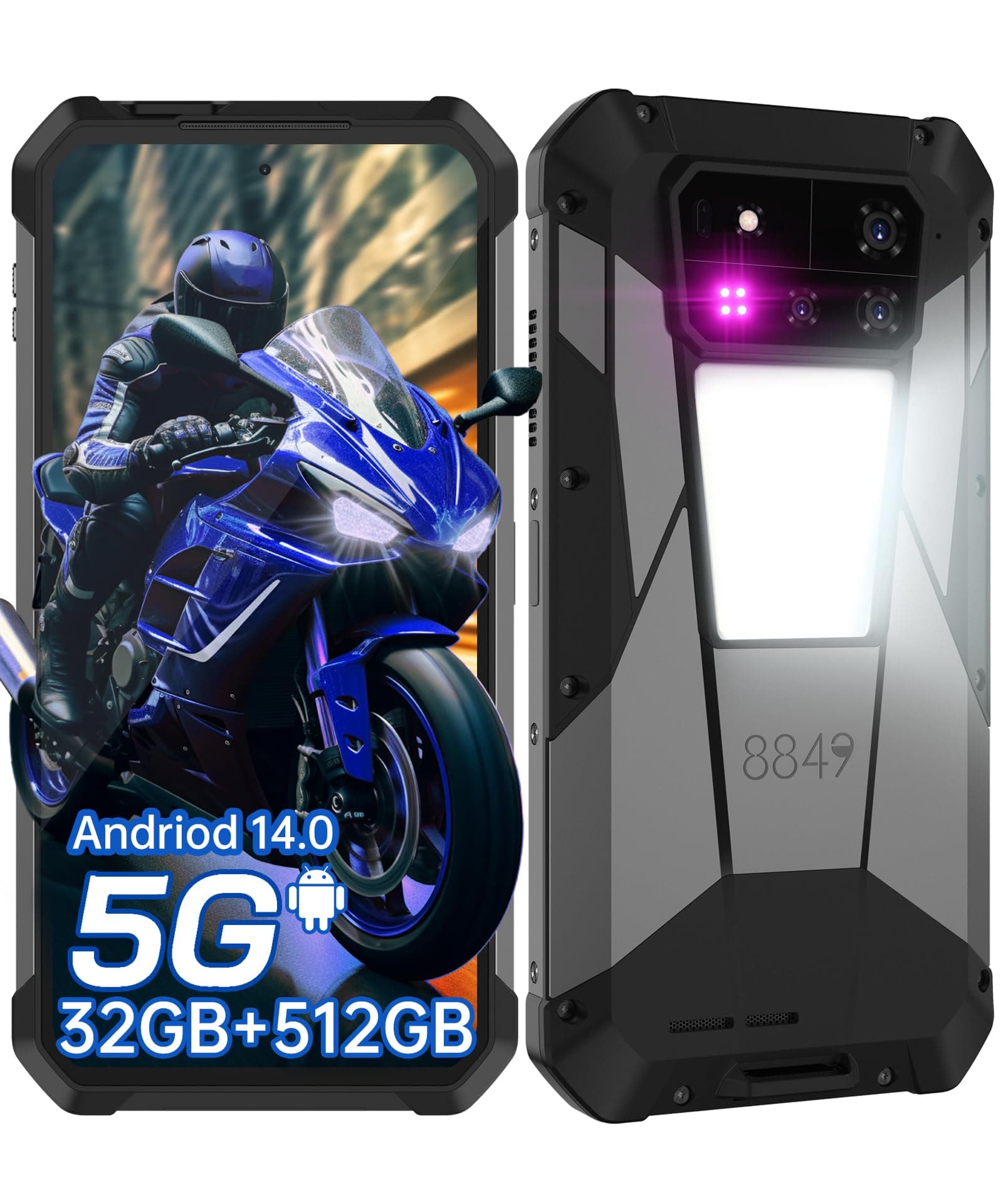 - Tank 4 Pro Rugged Smartphone 5G, IP68 Waterproof Android 14 Mobile Cell Phones Unlocked with Projector, 32GB+512GB, 6.73’’ AMOLED Screen, 11600mAh(120W)/1200LM Camping Light/GPS/OTG