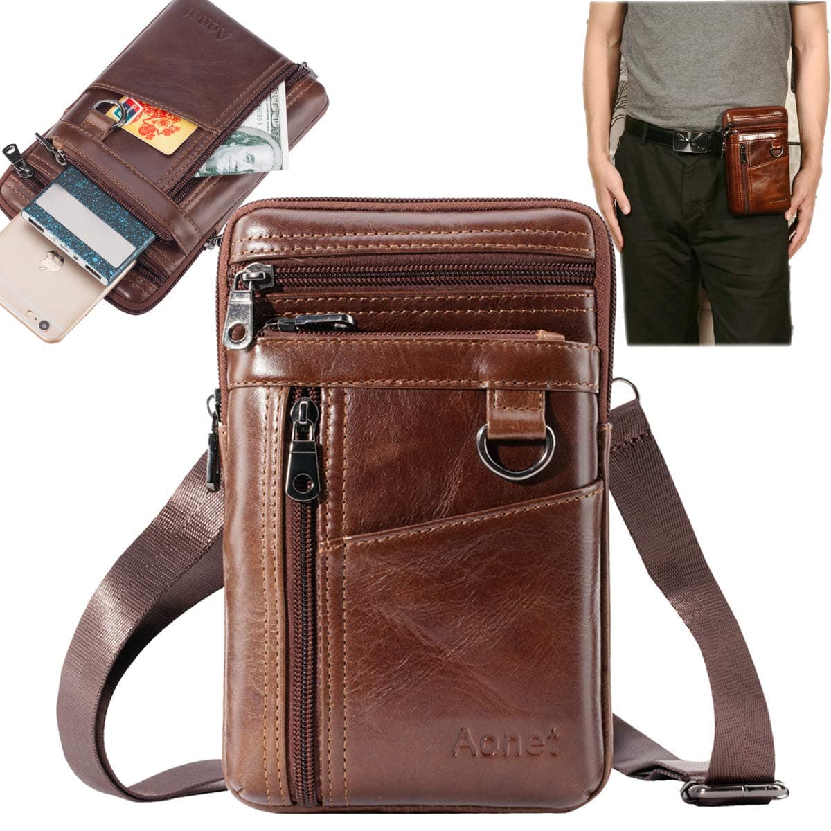 Belt Loop Holster Phone Purse Bag for iPhone Samsung Google Leather Crossbody Cell Phone Holster Carrying Case Waist Pack Belt Phone Pouch Men Purse Travel Work Bag