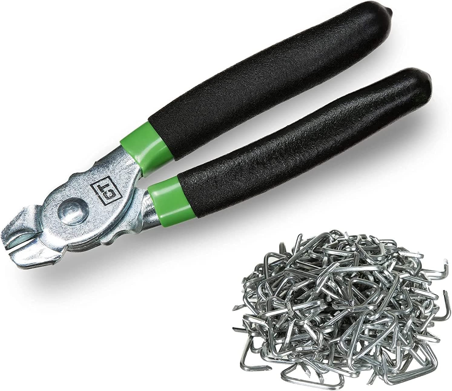 Hog Ring Pliers Kit (200 Pack of 3/4" Galvanized Steel Hog Rings Included) Perfect for Furniture Upholstery, Auto Upholstery, Meat & Sausage Casings