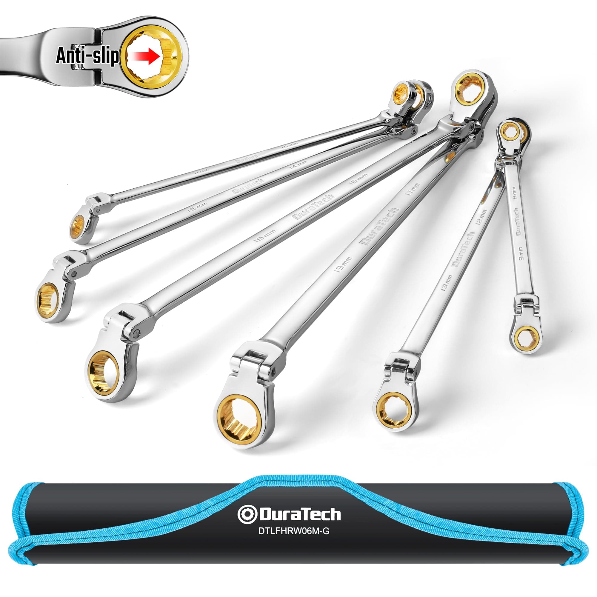 Extra Long Anti-Slip Flex-Head Ratcheting Wrench Set, Double Box End Wrench Set, 6-Piece, Metric 8-19 mm, CR-V Steel, with Pouch