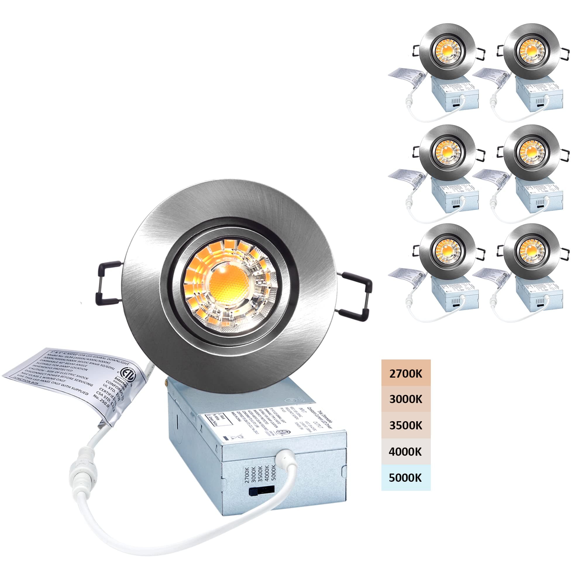 Premium Canless Recessed Gimbal Downlight Rotatable-Spotlight 5 CCT Eyeball Ceilling Potlight, Dimmable Lights Fixture with Junction Box, 8W CCT Adjustable (Brushed Nickel, 3 Inch)