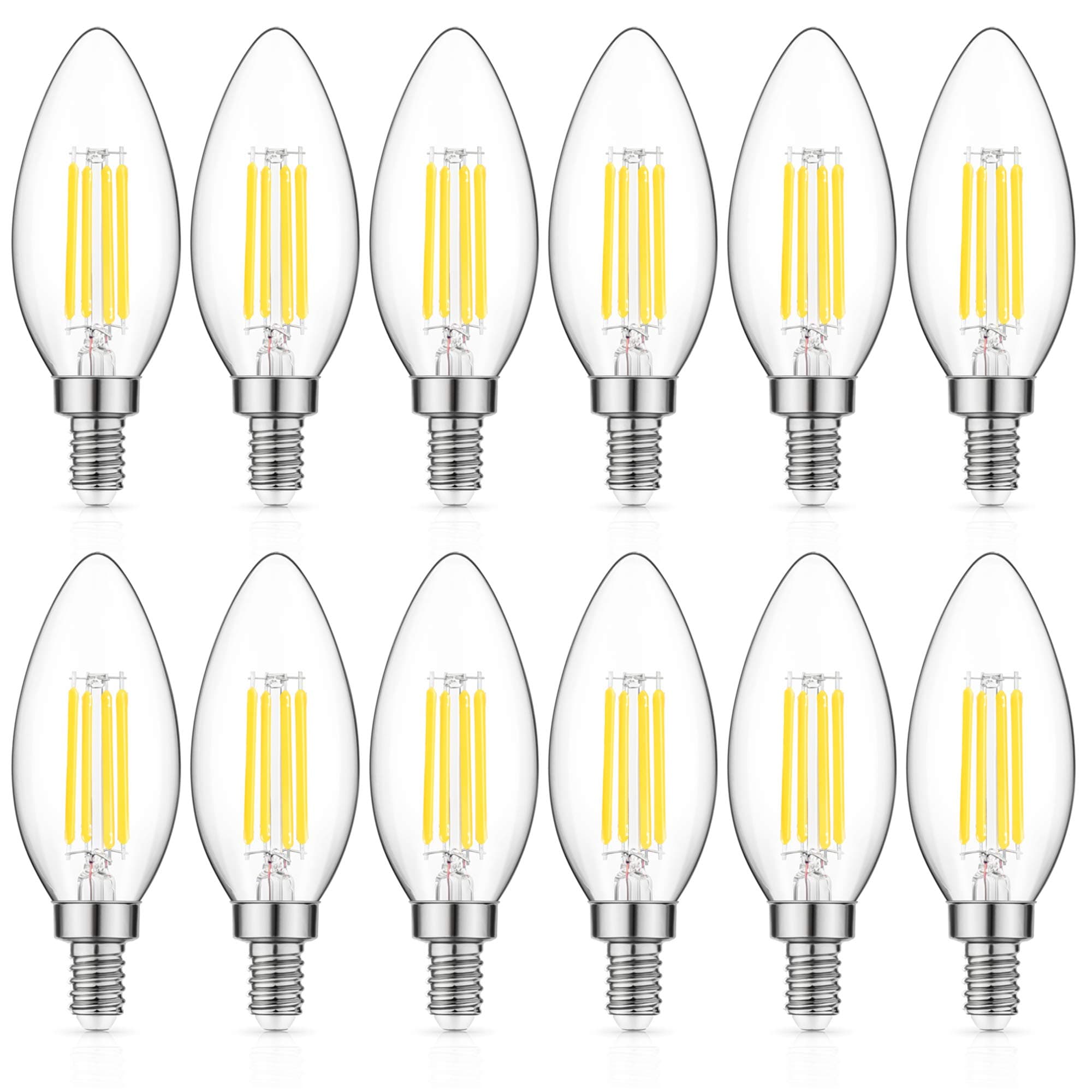 Dimmable LED Candelabra Bulb 60W Equivalent, 5000K Daylight White, 6W Chandelier LED Filament Light Bulbs 600Lumens, E12 Base, B11 Decorative Candle Bulb Pack of 12