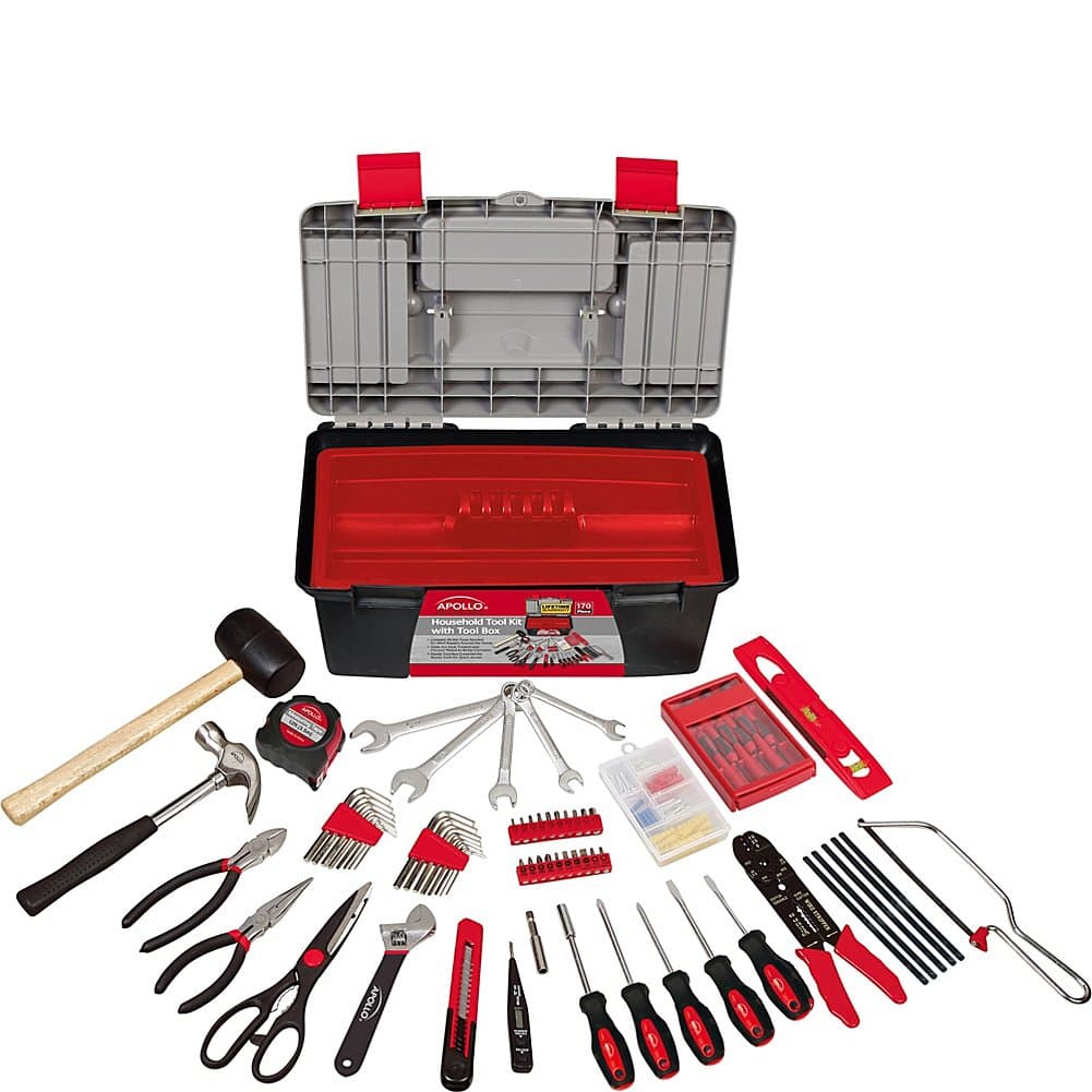 ApolloTOOLS 170 Piece Complete Household Tool Set Comes in Tool Box with Extra Storage and all Red Tools Included - DT7102