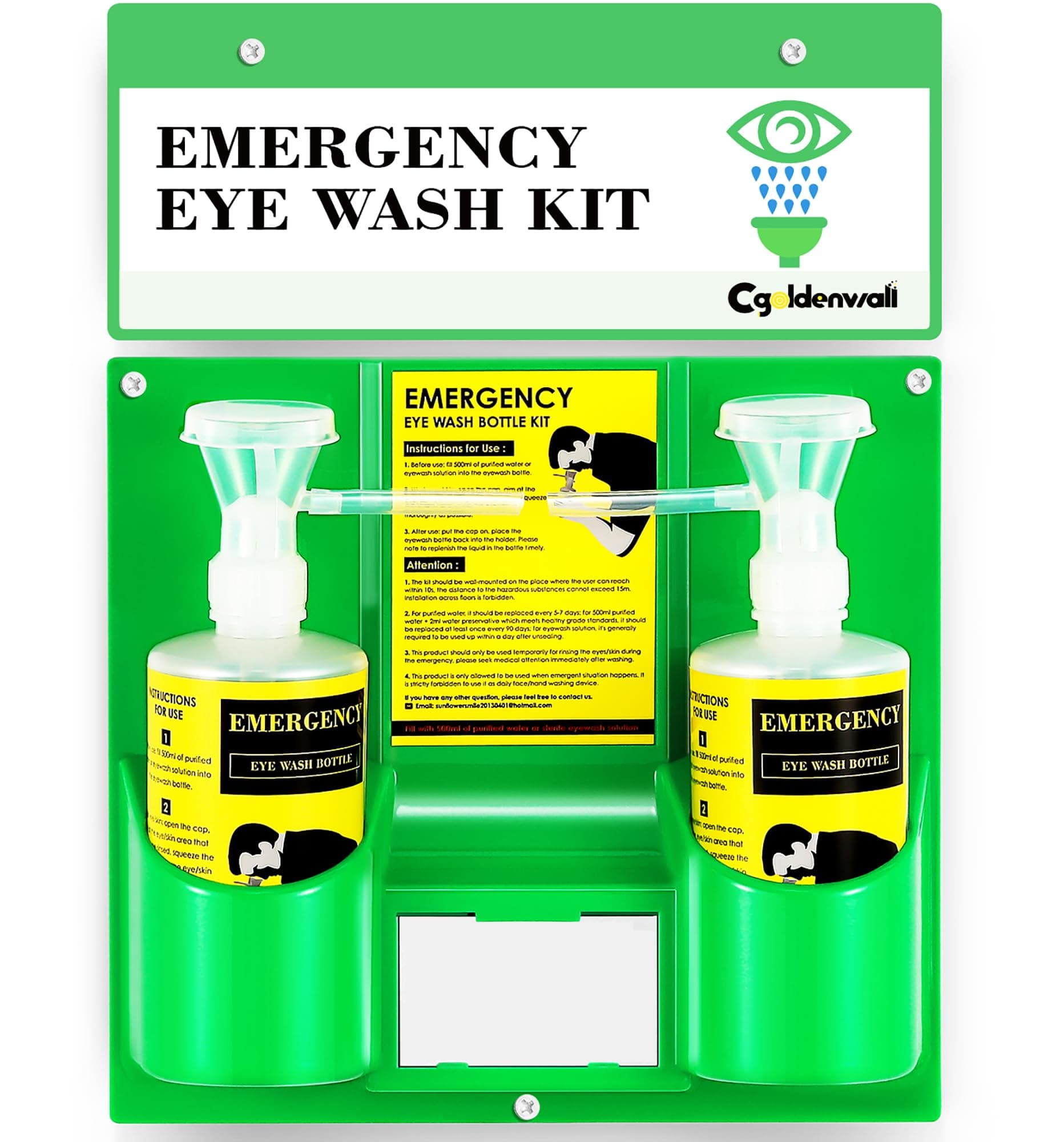 CGOLDENWALL Eye Wash Station Portable Emergency Eye Wash Kit, Wall Mounted Eyewash Station OSHA Approved, 2 * 16.9oz Bottles, with Mirror & Emergency Sign, Safety Material, NO Solution