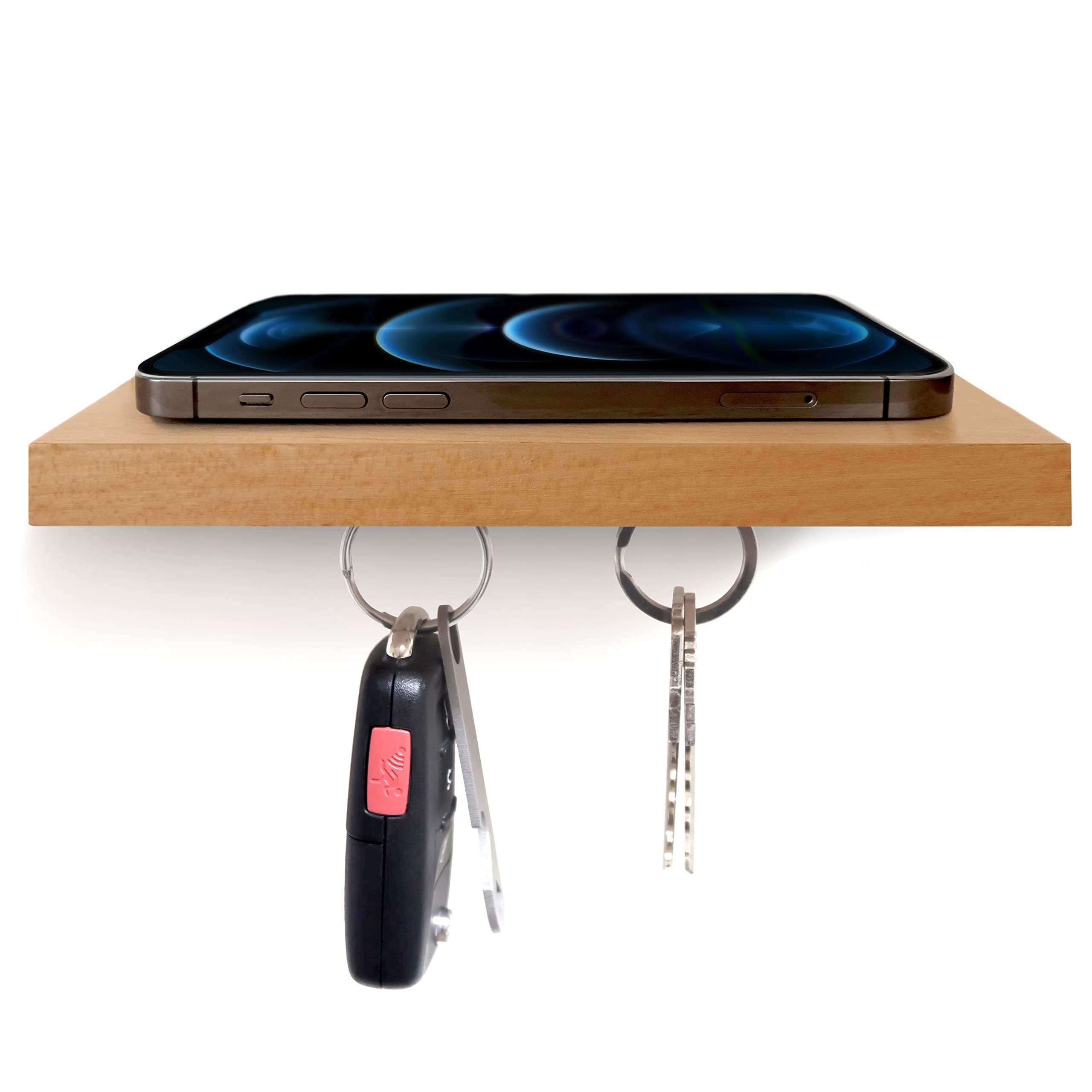 Plank Floating Wood Shelf with a Magnetic Underside for Phone and Keys - Natural