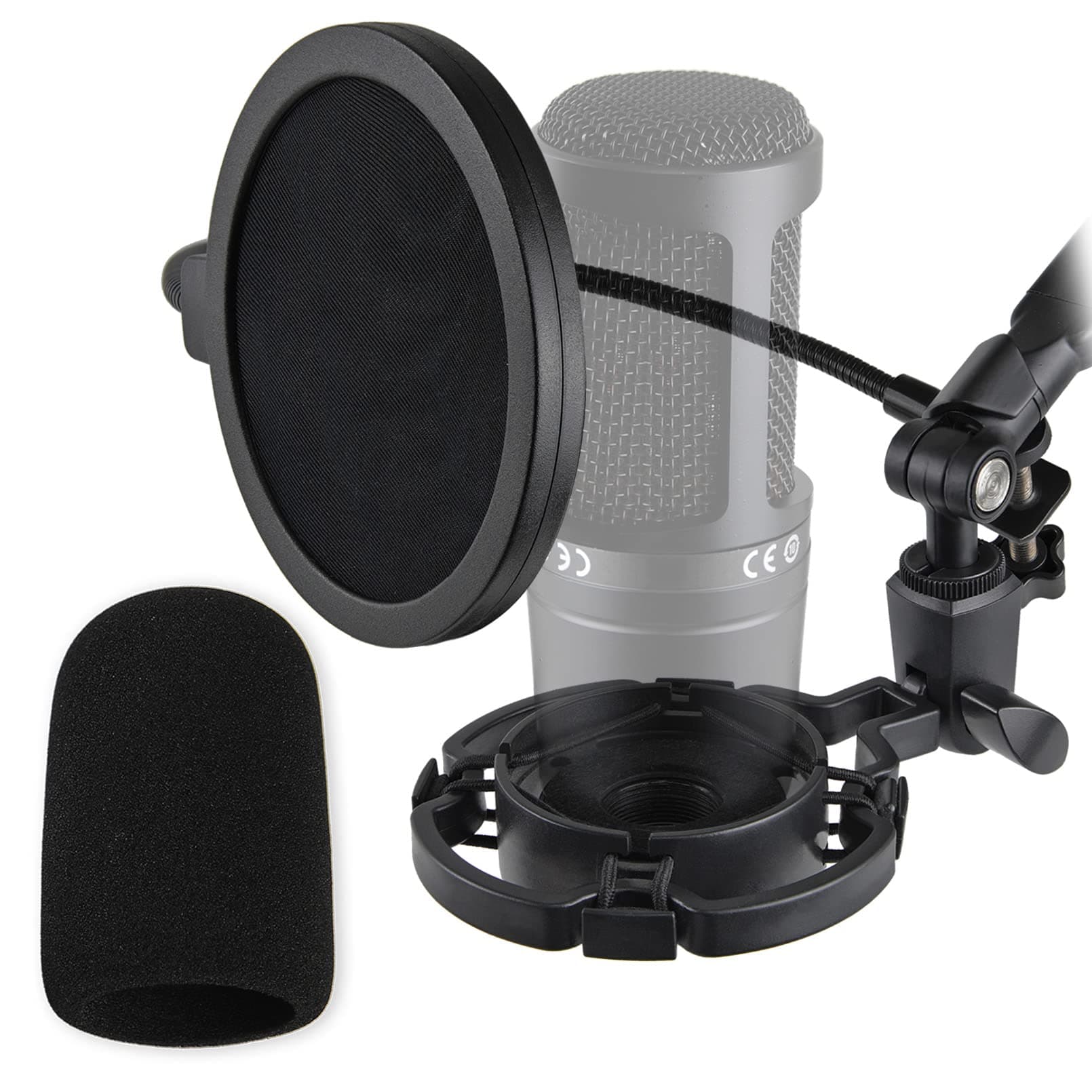 AT2020 Shock Mount with Pop Filter and Foam Windscreen, Noise Reduction Microphone Shock Mount Mic Holder for Audio Technica Mic