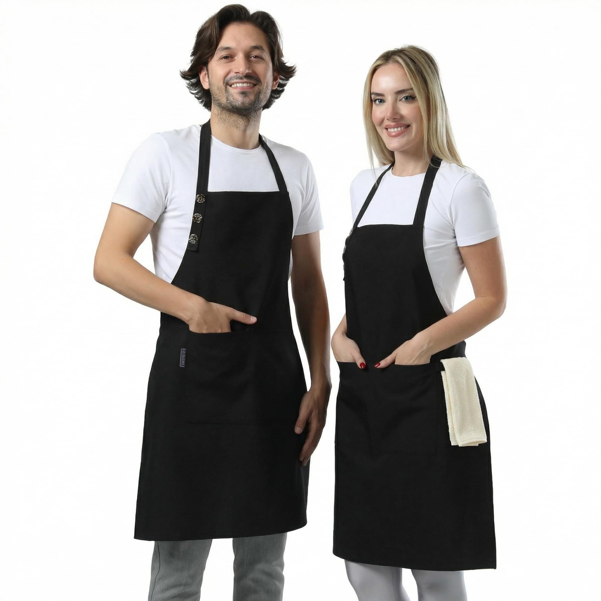 TOSHE Kitchen Apron Waterdrop Resistant Cotton Apron with adjustable Aprons for Women with Pockets Cooking Apron (2 Pack - Black)