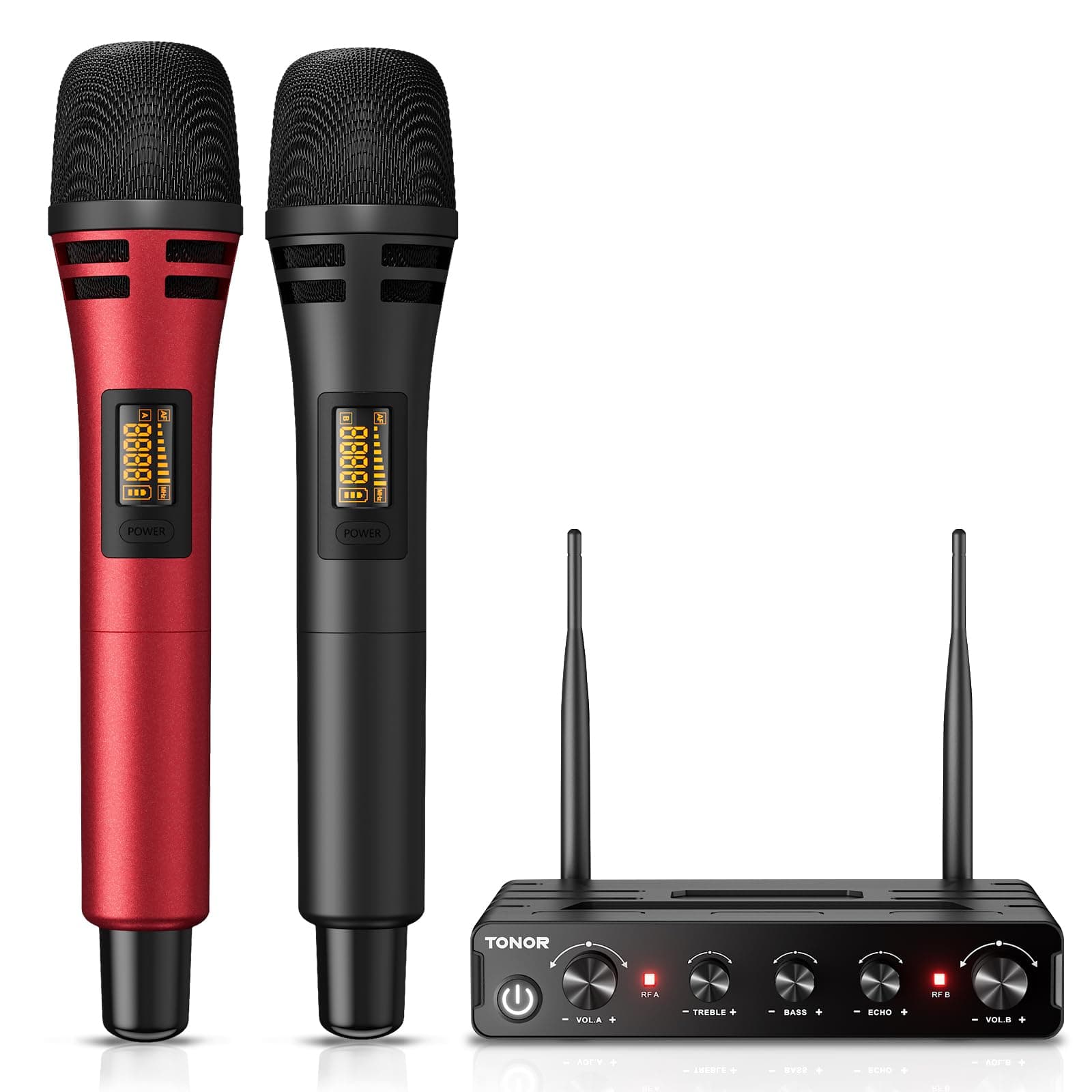 TONOR TW350 Wireless Microphones for Singing,UHF Handheld Dynamic Karaoke Mics& Receiver for Devices with XLR&6.35mm Audio Interfaz, 60 m for Karaoke, Wedding, DJ, Party, Church, TW350 Black&Red