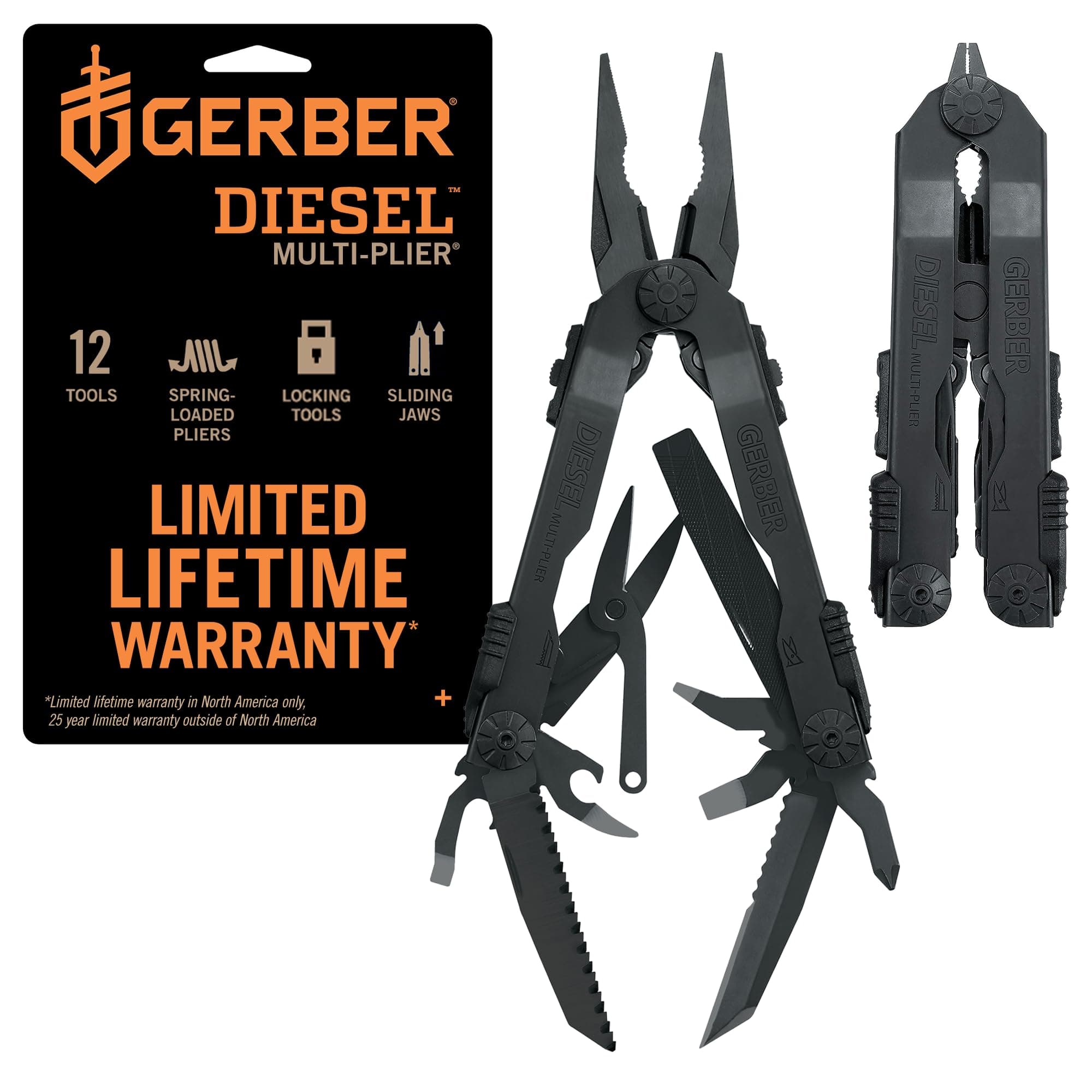 Gear Diesel Multitool Needle Nose Pliers Set, 12-in-1 EDC Multi-Tool Knife, Survival Gear and Equipment, Black