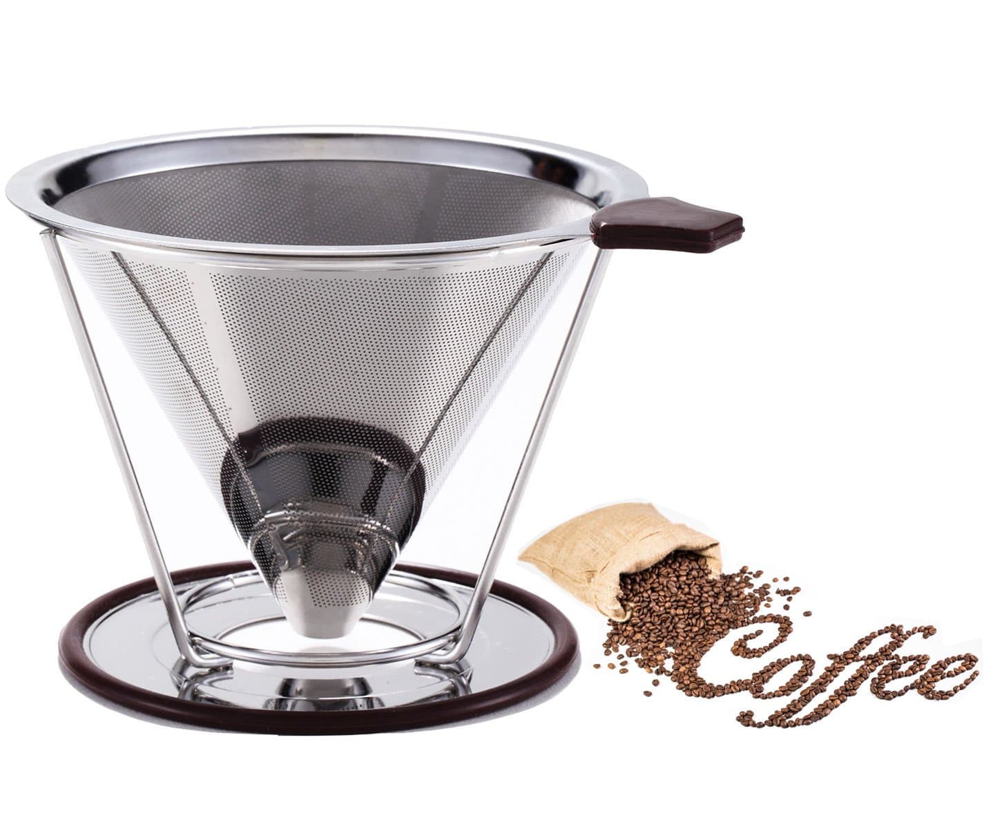 Stainless Steel Coffee Filter - Reusable Double Fine Mesh Pour Over Coffee Dripper- Cone Coffee Dripper Paperless-Coffee Maker with Separate Stand