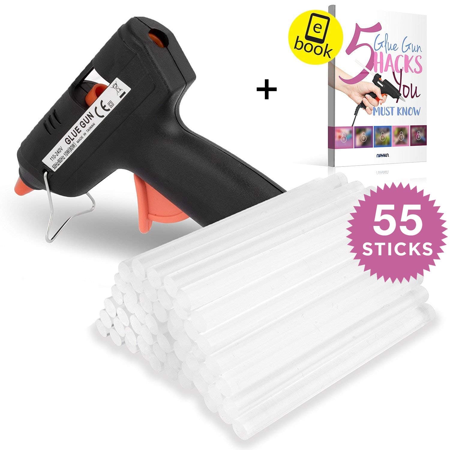 Nayka Hot Glue Gun and Glue Sticks Bundle (55-Pack) - 15W Glue Gun Heats Up Quickly - Ultra Clear Hot Melt Craft Glue - Hobbyists, Crafters, Crafting, Fabrics, Ceramics & More - Glue Sticks (7.4mm x 100mm) + EBOOK