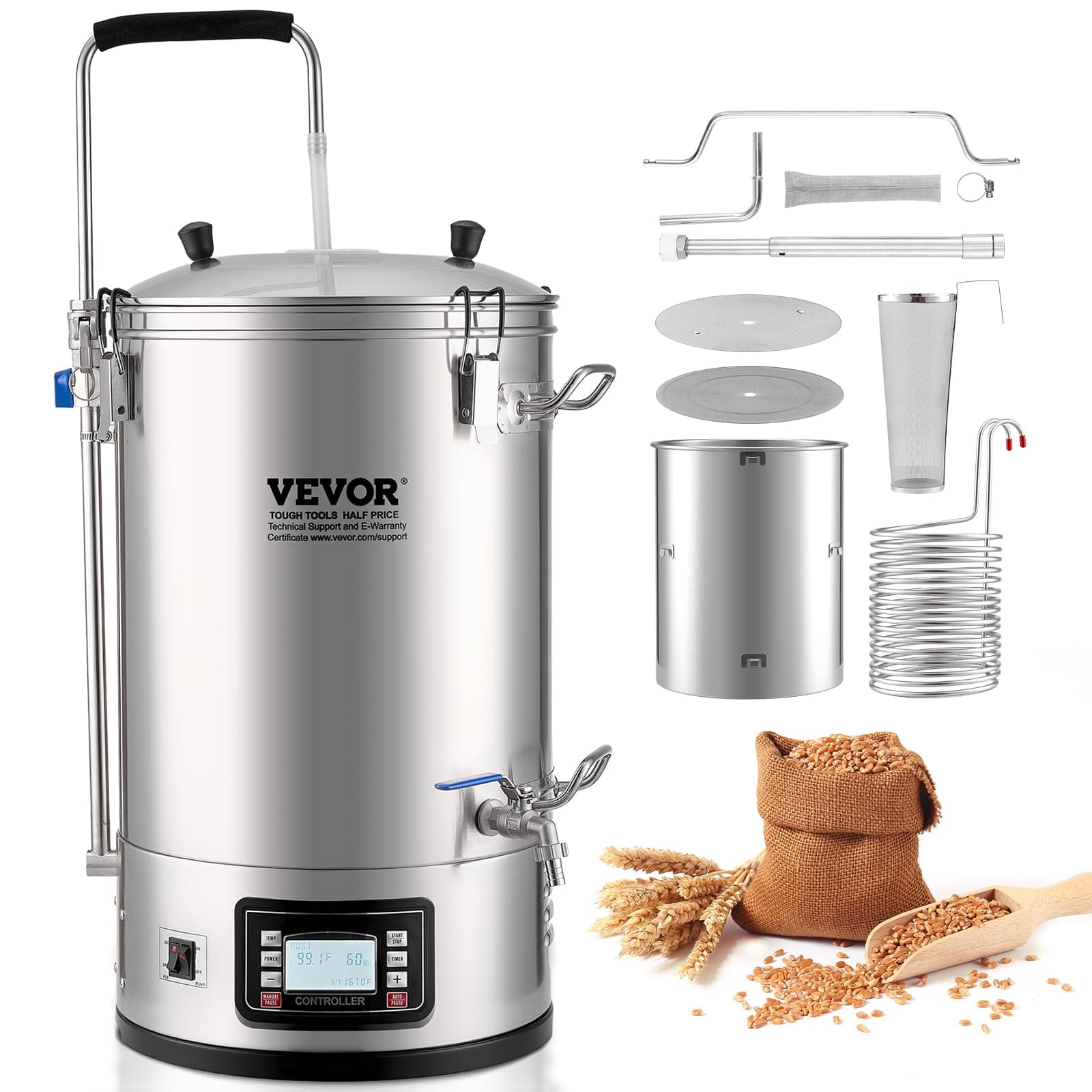 Electric Brewing System, 9.2 Gal/35 L Brewing Pot, All-in-One Home Beer Brewer w/Pump, Mash Boil Device w/Panel, Auto/Manual Mode 100-1800W Power 25-100℃ Temp 1-180 min Timer Recipe Memory