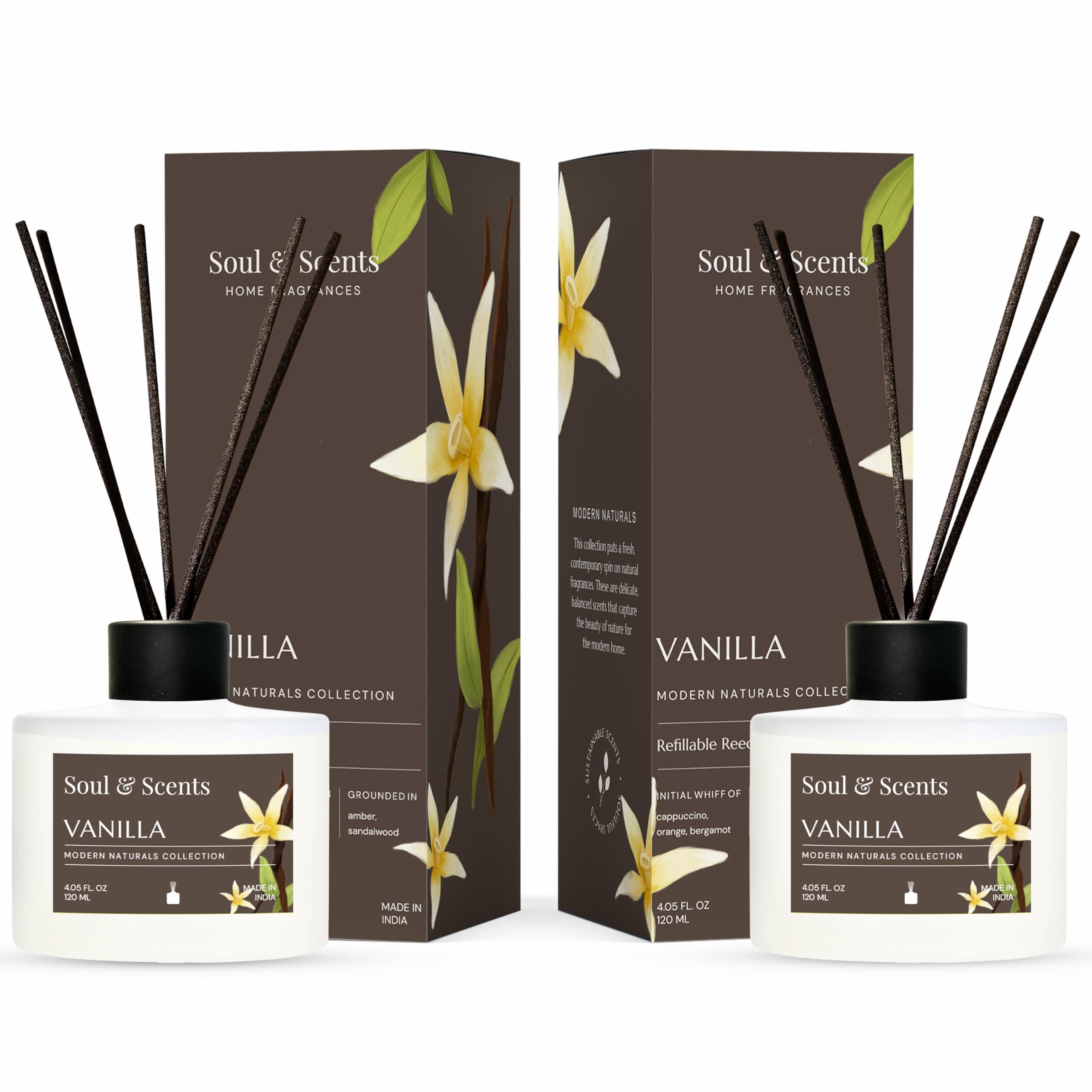 Soul & Scents Vanilla Reed Diffuser Set - 120ml with 6 Fiber Sticks Each | Stress Relief & Aromatherapy | Long-Lasting Scented Air Freshener for Home, Bedroom, Bathroom & Office | Pack of 2