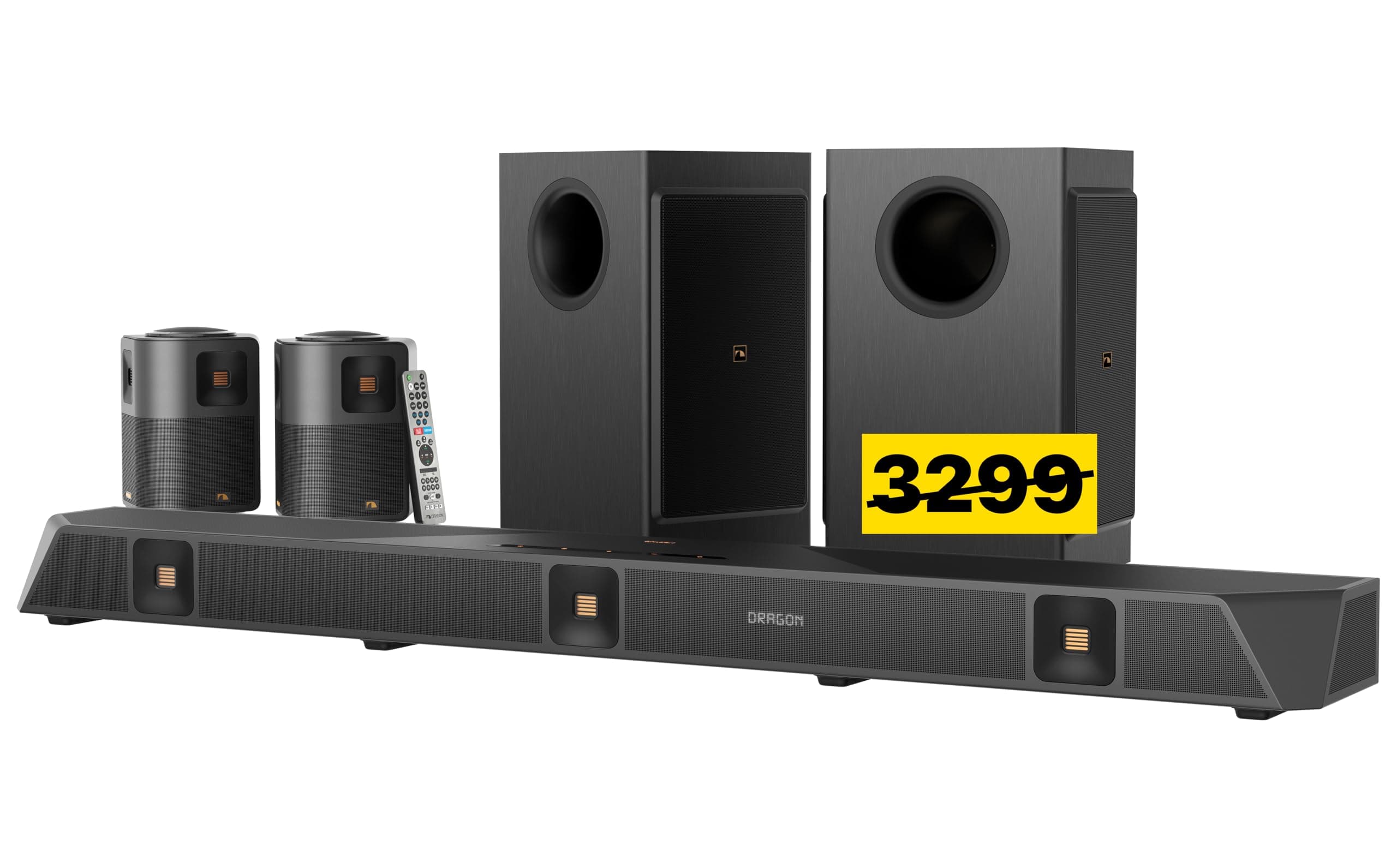Dragon 11.4.6-Ch Surround System w Dolby Atmos/DTS:X Pro (Pro Cinema Engine), HiFi AMTs, Dual-Opposing 8" Subs, Bipolar Surr, 6 Discrete Height Ch, 3000 Watts Max Output. AVR-Grade Soundbar