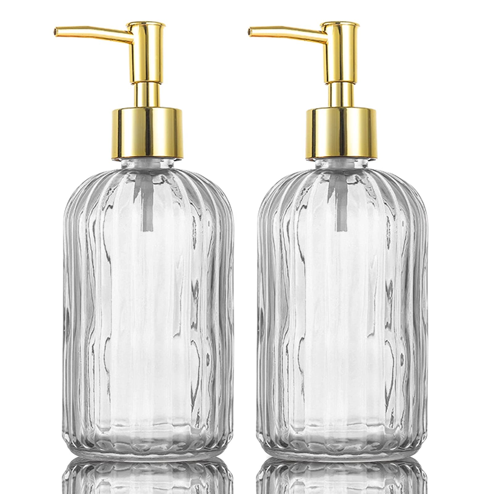 Versatile Glass Soap Dispenser Bottle with Pump, 14 Oz Dripless Pump Bottle, Refillable Liquid Hand Jar Dispenser for Bathroom, Countertop, Kitchen, Laundry Room(Clear, 2 Pack)