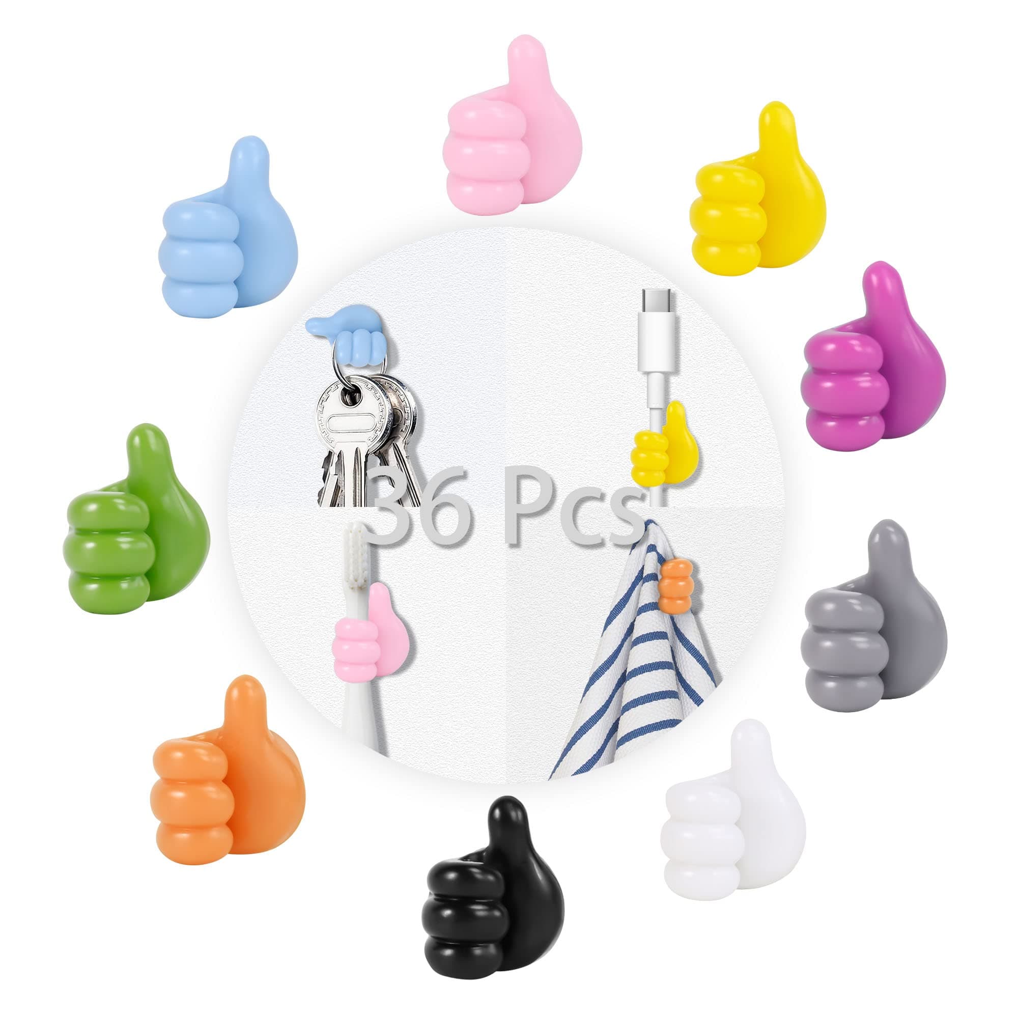 36 Pcs Modern Silicone Rubber Thumb Hooks, 9 Color, J-shape, Waterproof, Rust Resistant, 4.4 lb Capacity, Key Holder, Wall, Kitchen, Bathroom, Living Rooms, Bedrooms, Offices
