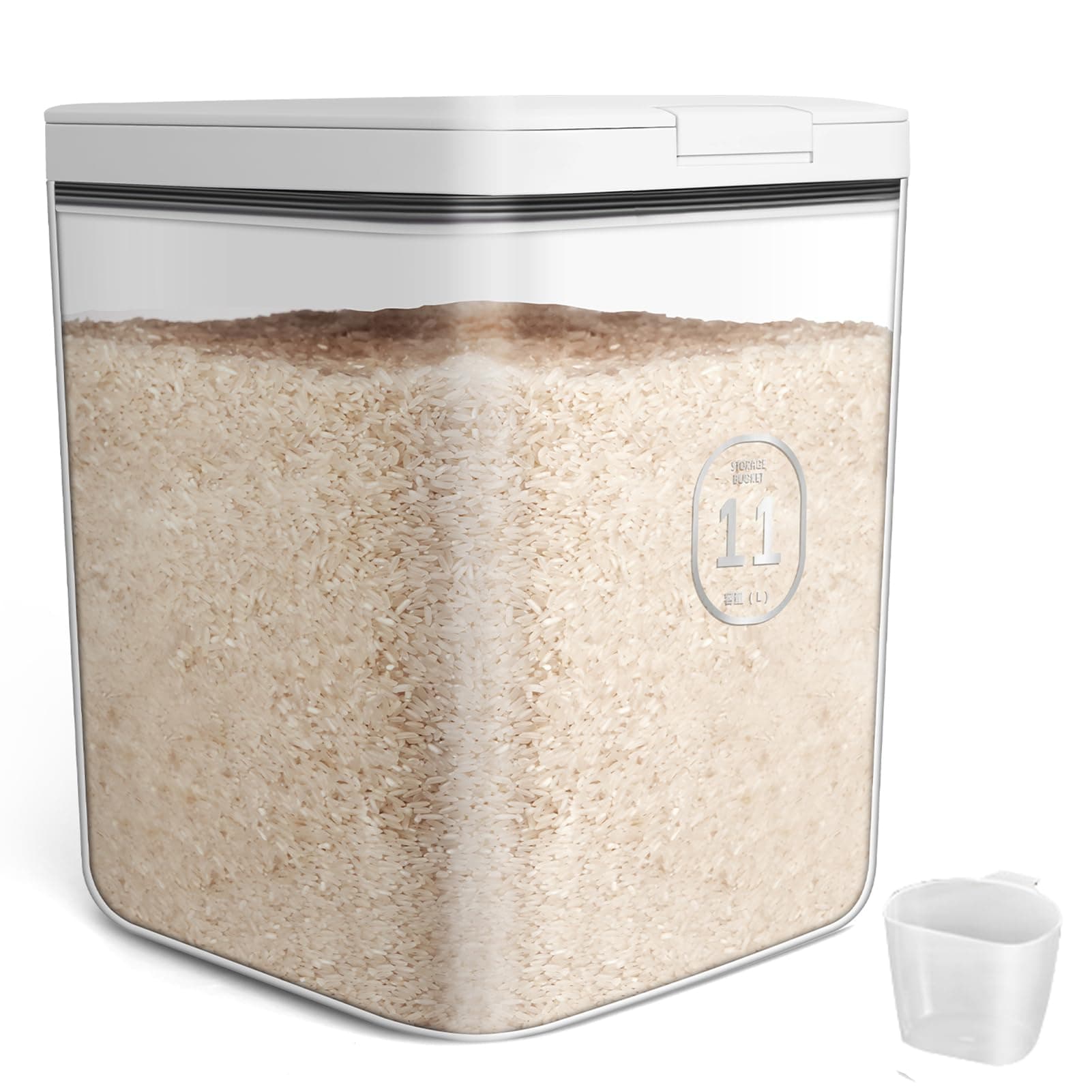 Rice Storage Container 10kg, Flour Container with Measuring Cup, Airtight Dry Food Storage Container 11 Litres, Kitchen Cereal Dispenser Plastic, Pantry Container for Pasta, Rice, Flour, Cereal