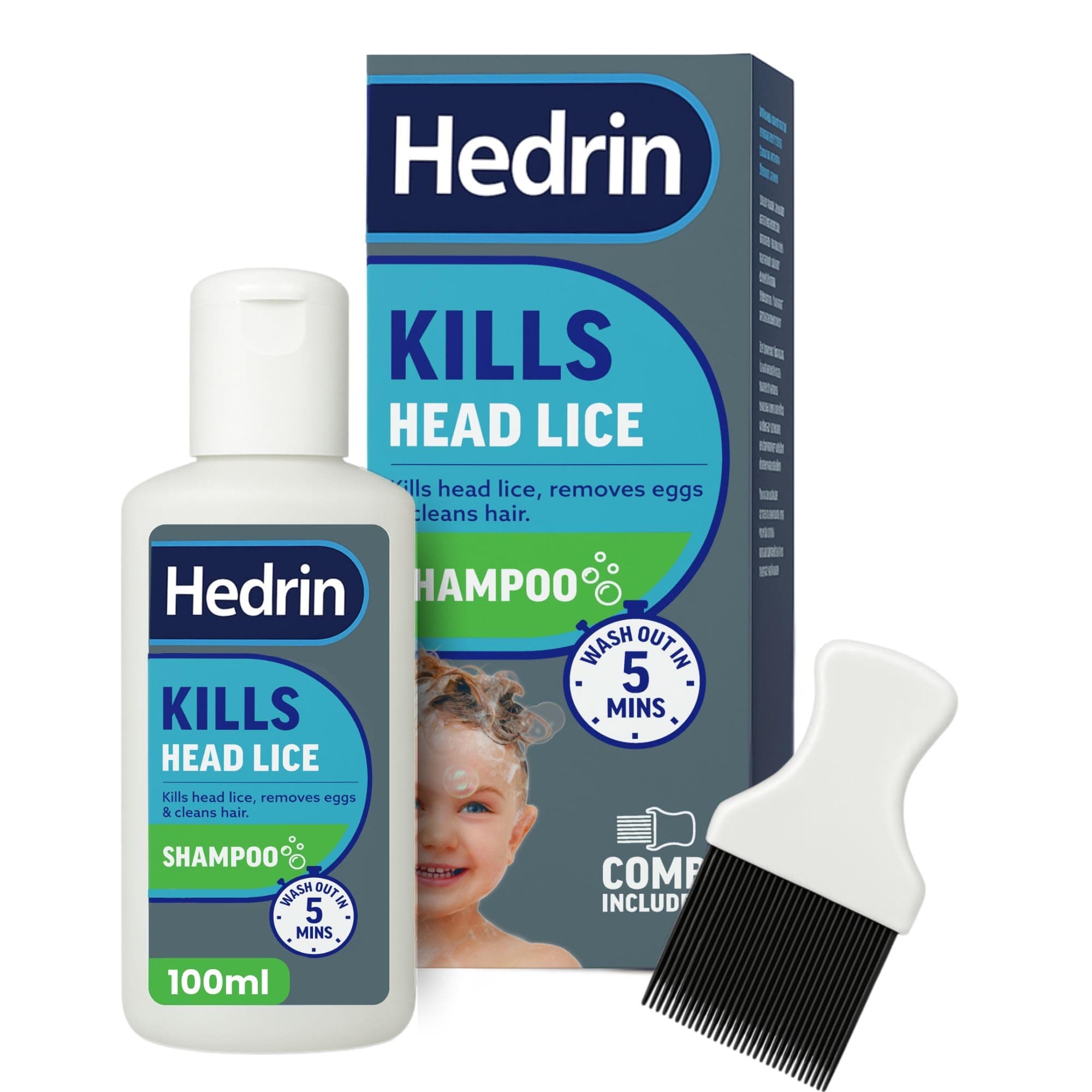 Hedrin Head Lice Shampoo and Comb Kit, Kills Head Lice and Eggs in 5 Minutes, 4 Treatments, Clinically Tested, Suitable for Adults and Children, 100ml, (Formerly All-in-One - Packaging May Vary)