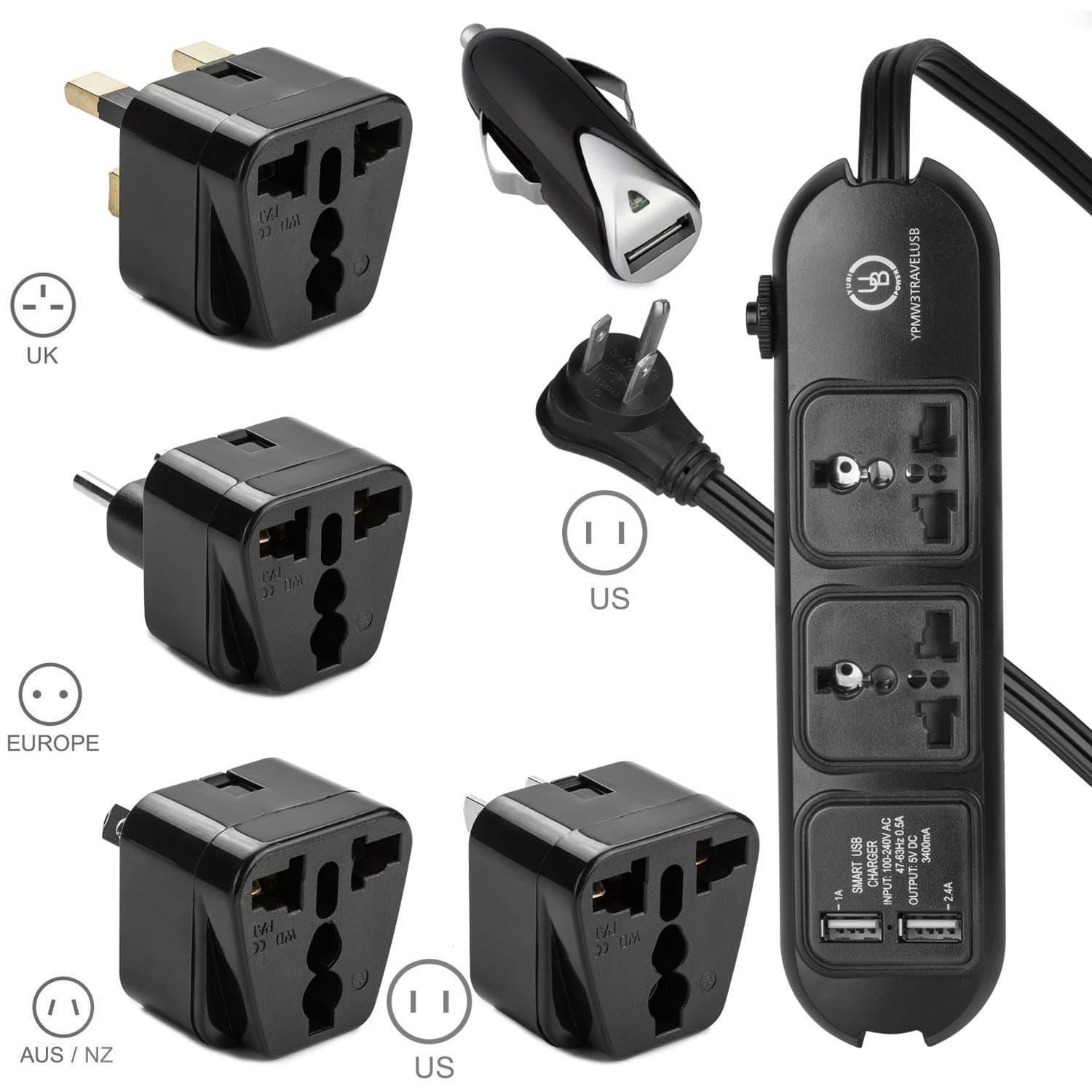 Yubi Power Universal Power Strip 2 Sockets & 2 USB - 100v to 220v/250v and 2500 Watts Surge Protector - Us Plug-Plus 4 Universal Plug Adapters Type E/f Type G Type I Type B and Car Adapter 5 Pack Set
