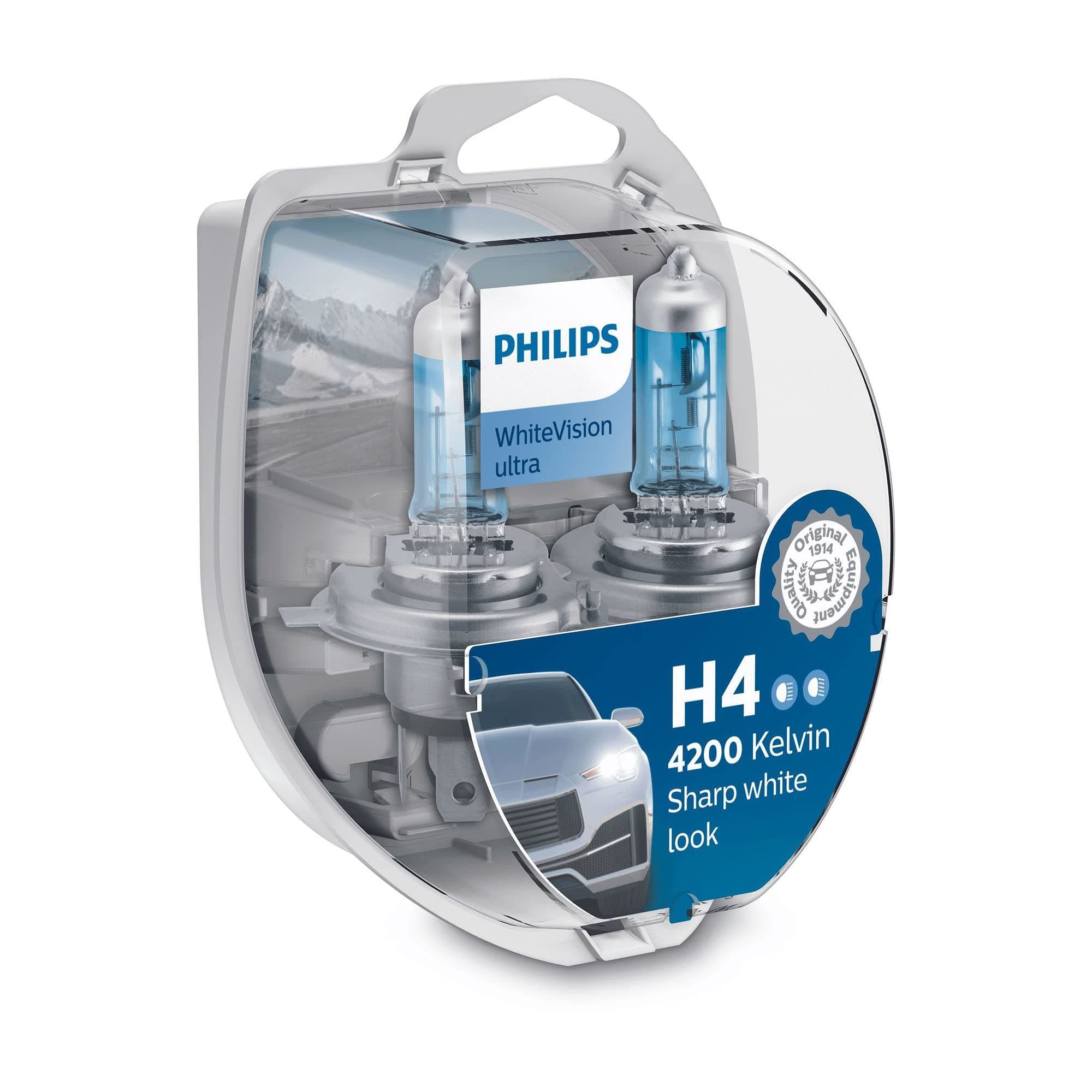 Philips WhiteVision ultra H4 car headlight bulb, 4.200K, set of 2