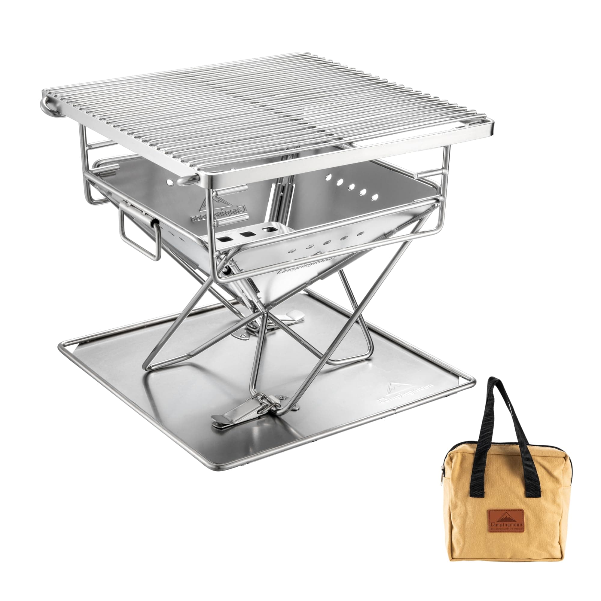 CAMPINGMOON Portable Charcoal Grill 9.65 Inch Stainless Steel Tabletop Grill Fire Pit 3 Level Adjustable Height Grill for Camping Outdoor Cooking Barbecue Carry Bag X-MINI-PRO