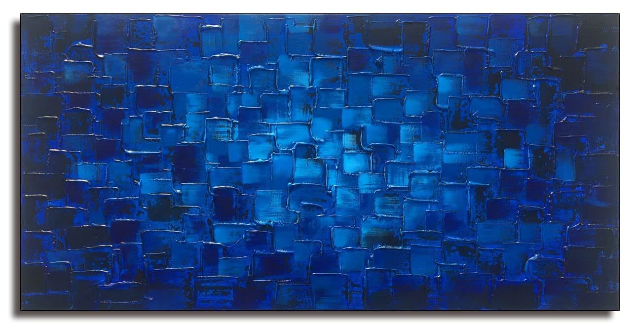 MyArton Large Abstract Dark Blue Square Wall Art Hand Painted Textured Oil Painting on Canvas Ready To Hang 60x30inch