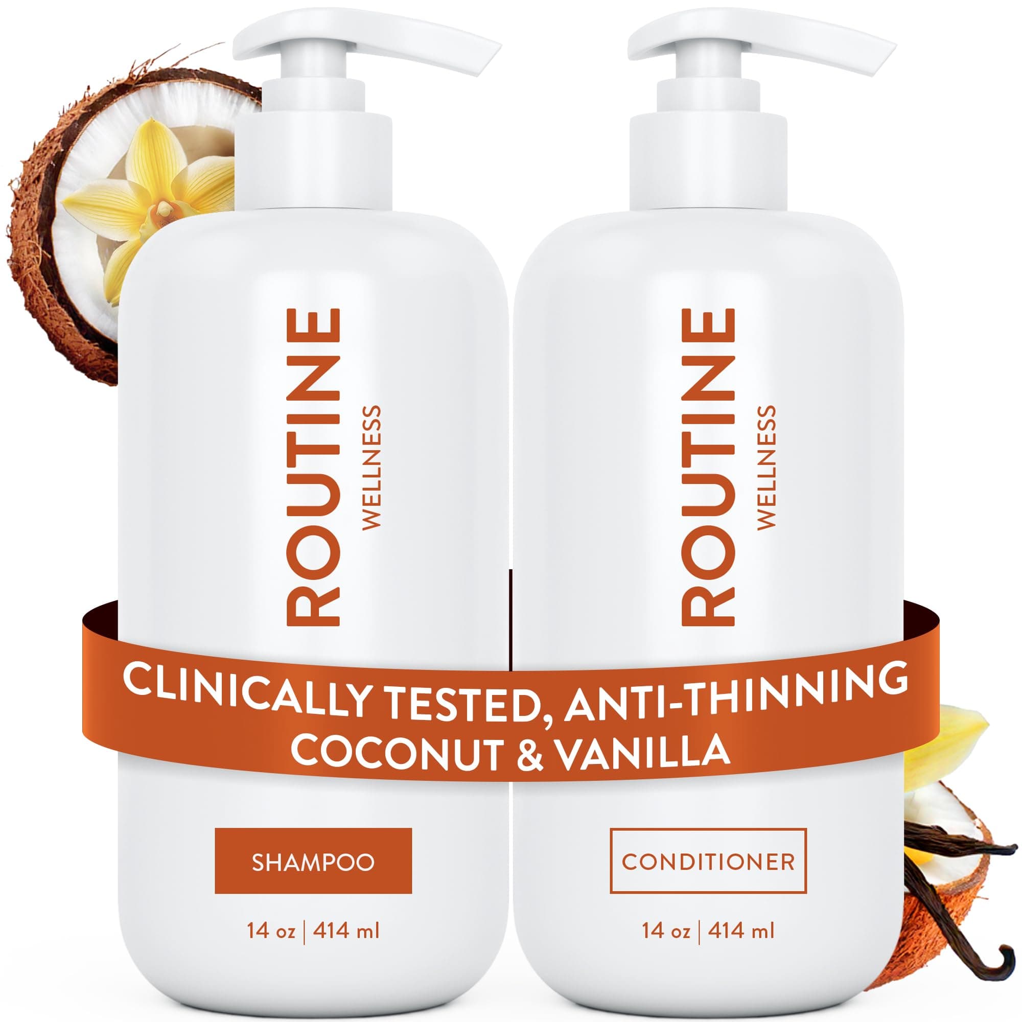 Routine Wellness Anti-Thinning Shampoo and Conditioner Set for Thinning Hair - Biotin DHT Blocker Women & Men - Color Safe Shampoo for Hair Loss & Healthier Growth - Coconut & Vanilla (Pack of 2)
