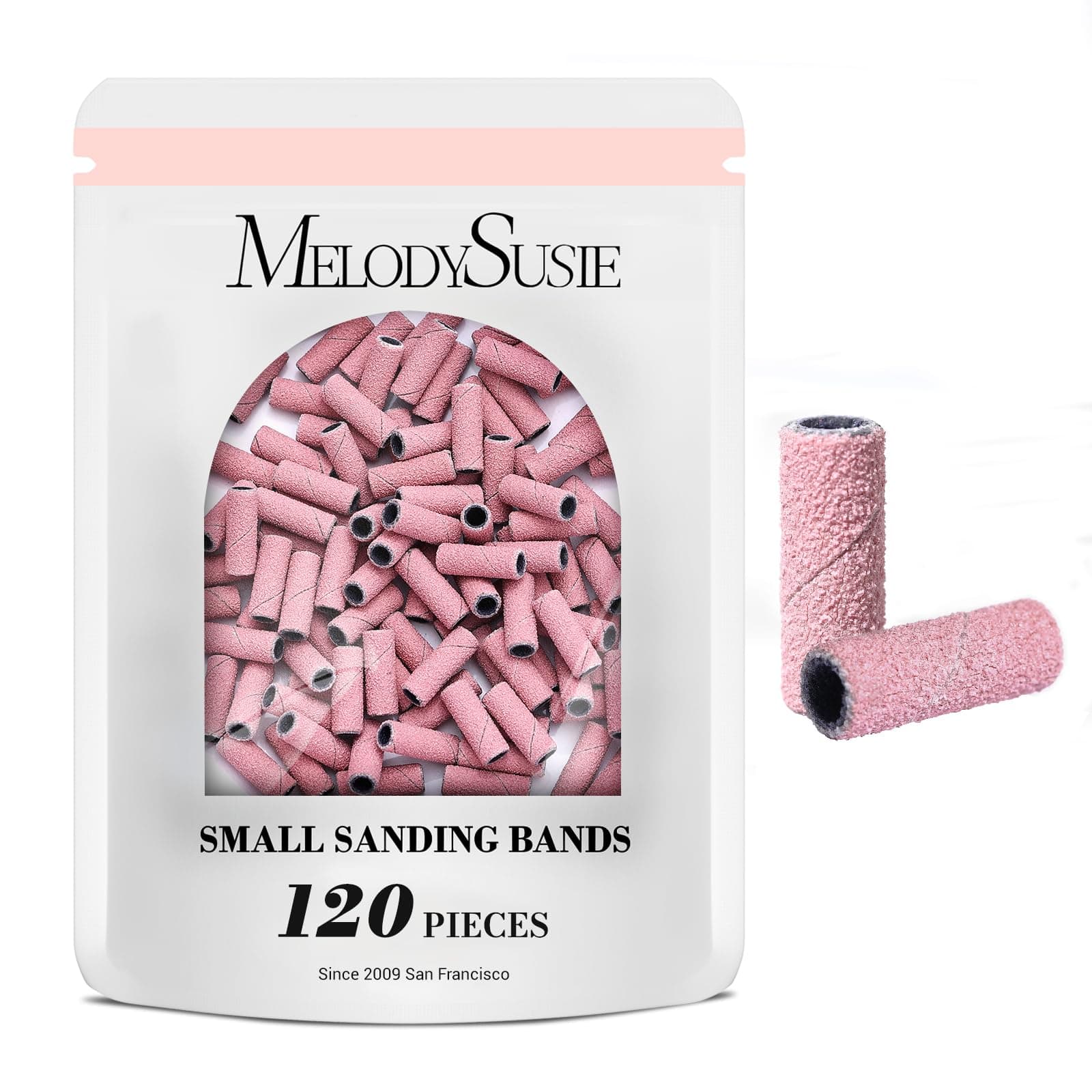 MelodySusie 120 Pcs Nail Drill Bits Small Sanding Bands for 3.1mm Mandrel Bit, 180 Fine Grit Nail File for Acrylic Nails Gel Manicures and Pedicure, Pink (Only Sanding Bands)