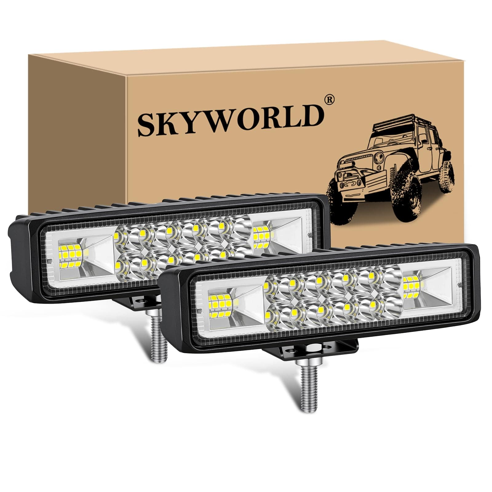 SKYWORLD 2 Pcs 6 inch 24W Single Row Slim LED Light Bar, 12V 24V Offroad Driving Lights Fog Lamp Waterproof for 4x4 Car Truck Tractor SUV ATV Boat, Flood Spot Combo Beam, 6000K White
