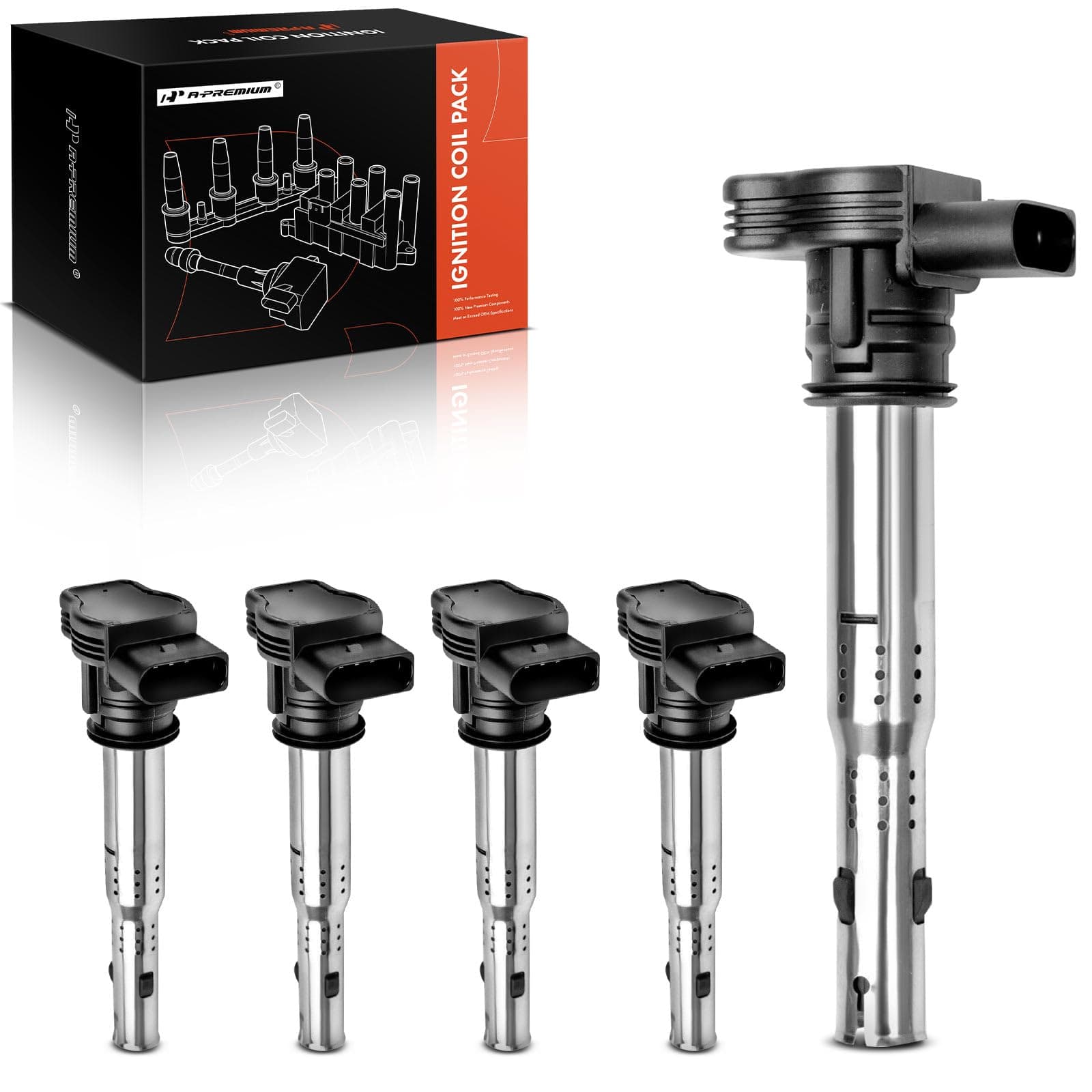 A-Premium Ignition Coil Pack Set of 5 Compatible with Audi A3 2004-2013 A4 2005-2016 Volkswagen Jetta 2005-2015 Tiguan 2009-2017 L4 2.0L 2.5L
